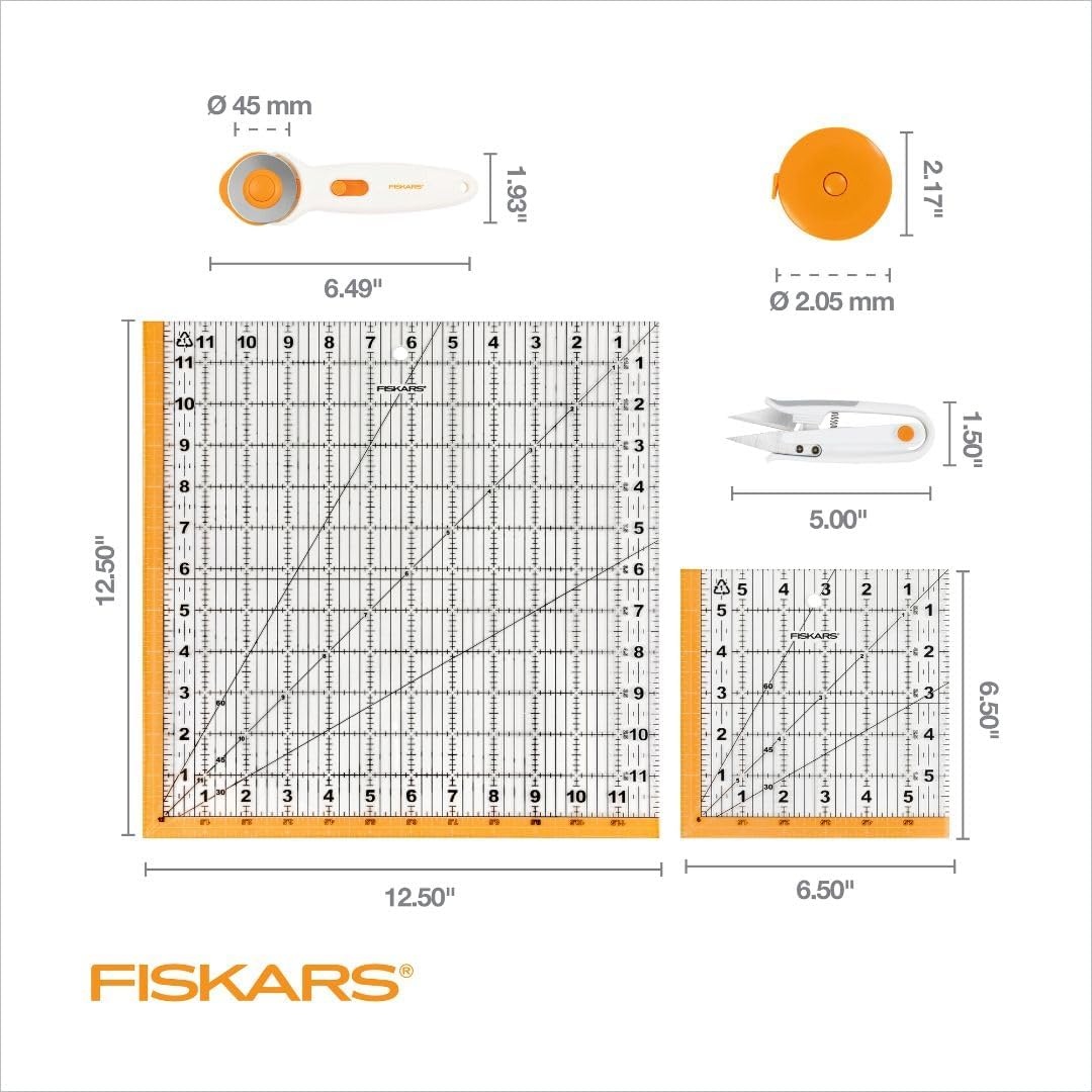 Fiskars Crafts Essentials 5-Piece Set – 45mm Blade Rotary Cutter for Fabric, Self Healing Cutting Mat, and Sewing Ruler – Craft Supplies – White/Gray