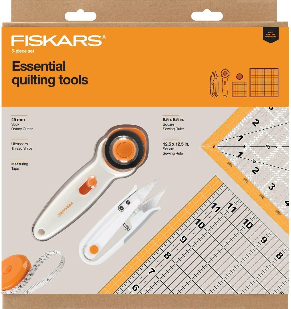 Fiskars Crafts Essentials 5-Piece Set – 45mm Blade Rotary Cutter for Fabric, Self Healing Cutting Mat, and Sewing Ruler – Craft Supplies – White/Gray