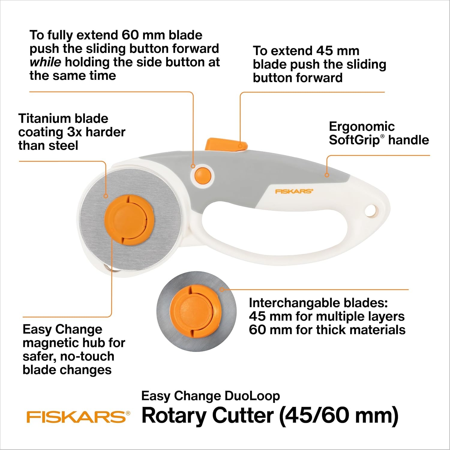 Fiskars 45mm Curved Stick Titanium Rotary Cutter for Fabric & Sewing(DuoLoop)