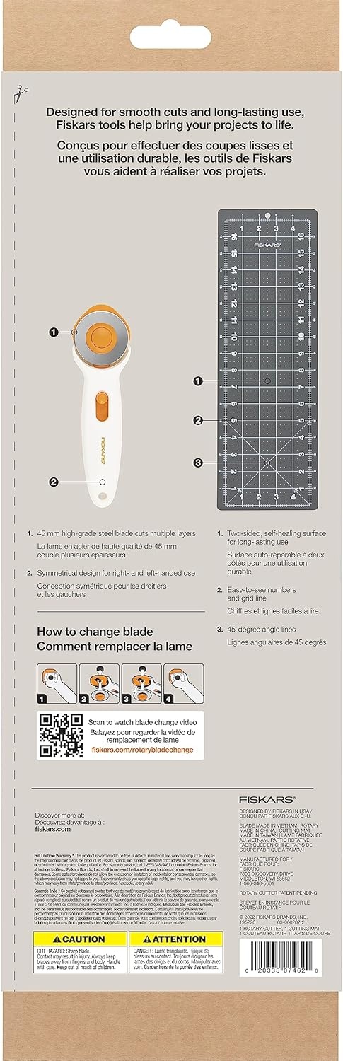 Fiskars Fabric Cutting 2pc Set for Sewing – with 45mm Rotary Cutter and 5in x 17in Cutting Mat