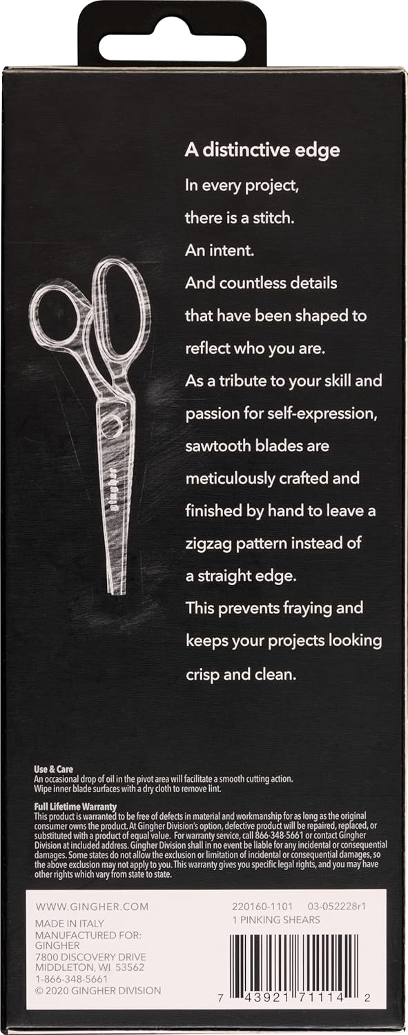 Gingher 7.5″ Pinking Shears Scissors, Zigzag Blades for Ravel-Resistant Decorative Edges, Sawtooth Blades to Reduce Fraying for Fabric Cutting and Embroidery, Stainless Steel Chrome-over-Nickel Finish(Silver)