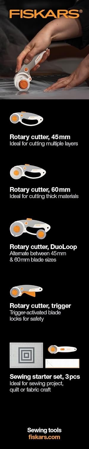 Fiskars 45mm Curved Stick Titanium Rotary Cutter for Fabric & Sewing(Easy Change)
