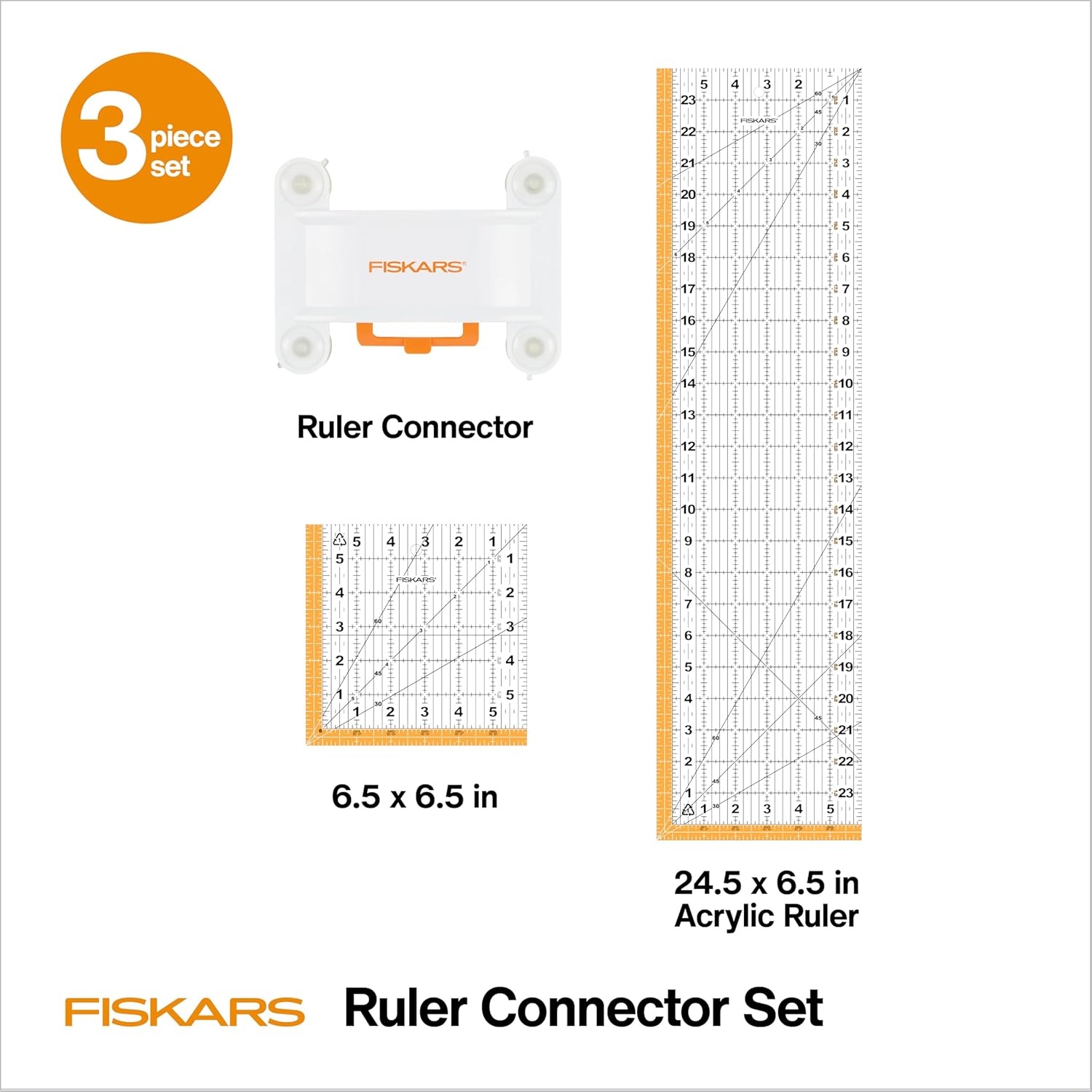 Fiskars 3-Piece Ruler & Connector Set, 6.5″x6.5″ and 6.5″x24.5″ Rulers, Precision Measuring Tool for Arts & Crafts, Easy Alignment & Cutting(6.5″ x 6.5″ and 6.5″ x 24.5″)