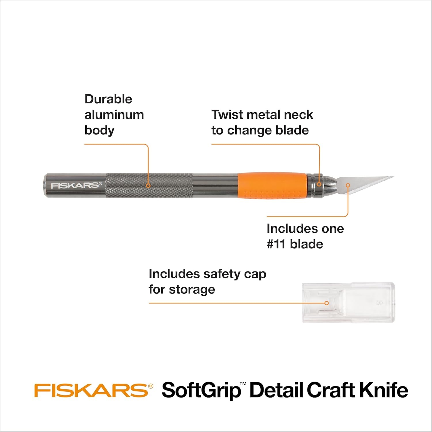 Fiskars Detail Craft Knife, Exacto Hobby Knife for Crafting, Arts, Modeling, Scrapbooking Supplies for Adults, Durable Aluminum Body, Included with Protective Cover, 6.21″, Orange(8 inches)
