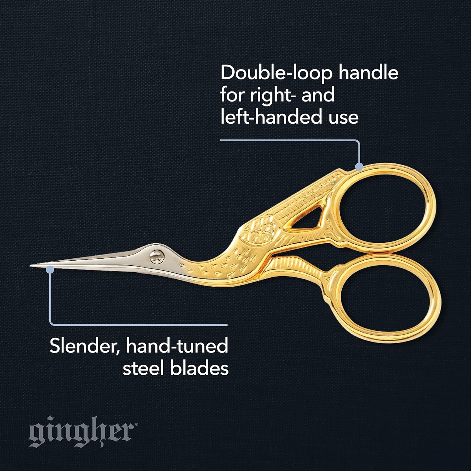 Gingher Stork Embroidery Scissors and Leather Sheath – 3.5″ Craft Scissors for Fabric, Thread, and Needlework Yarn Cutting – Gold