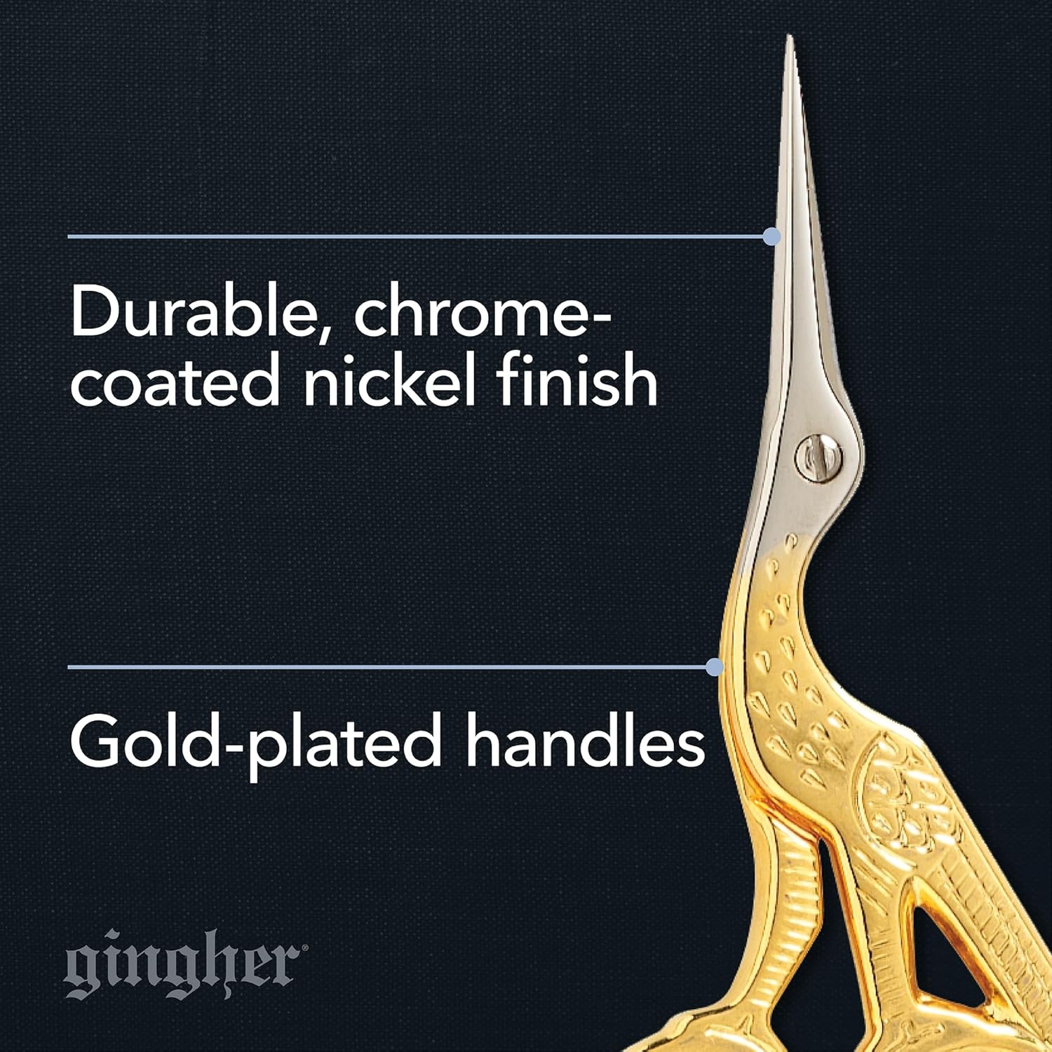 Gingher Stork Embroidery Scissors and Leather Sheath – 3.5″ Craft Scissors for Fabric, Thread, and Needlework Yarn Cutting – Gold