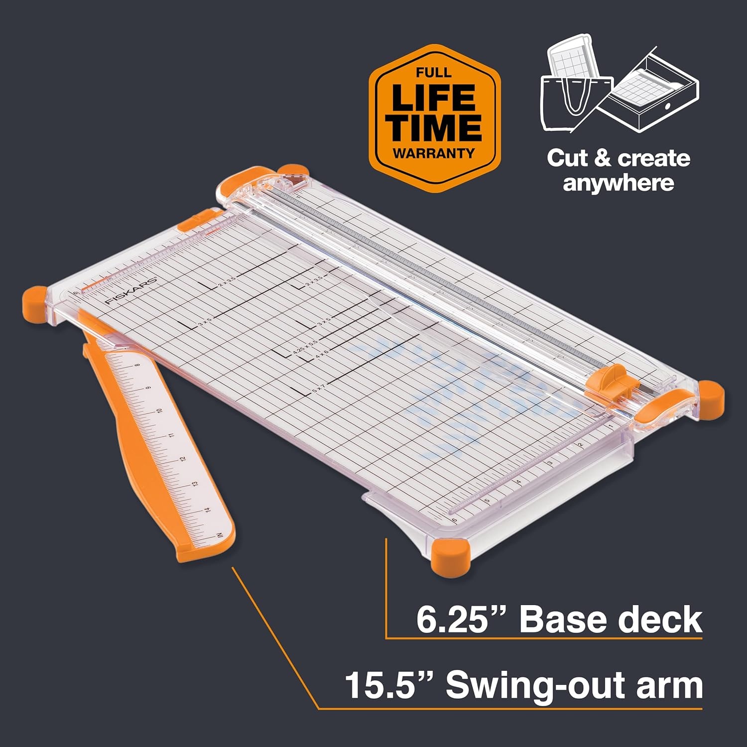 Fiskars Precision Paper Trimmer, Easy, Safe and Accurate for Crafts, Gifts, Cards, Photos, Always Cuts Straight, Swing-Out Arm Extends Measurements, Lightweight and Portable Sharp Paper Cutter(SureCut Deluxe)