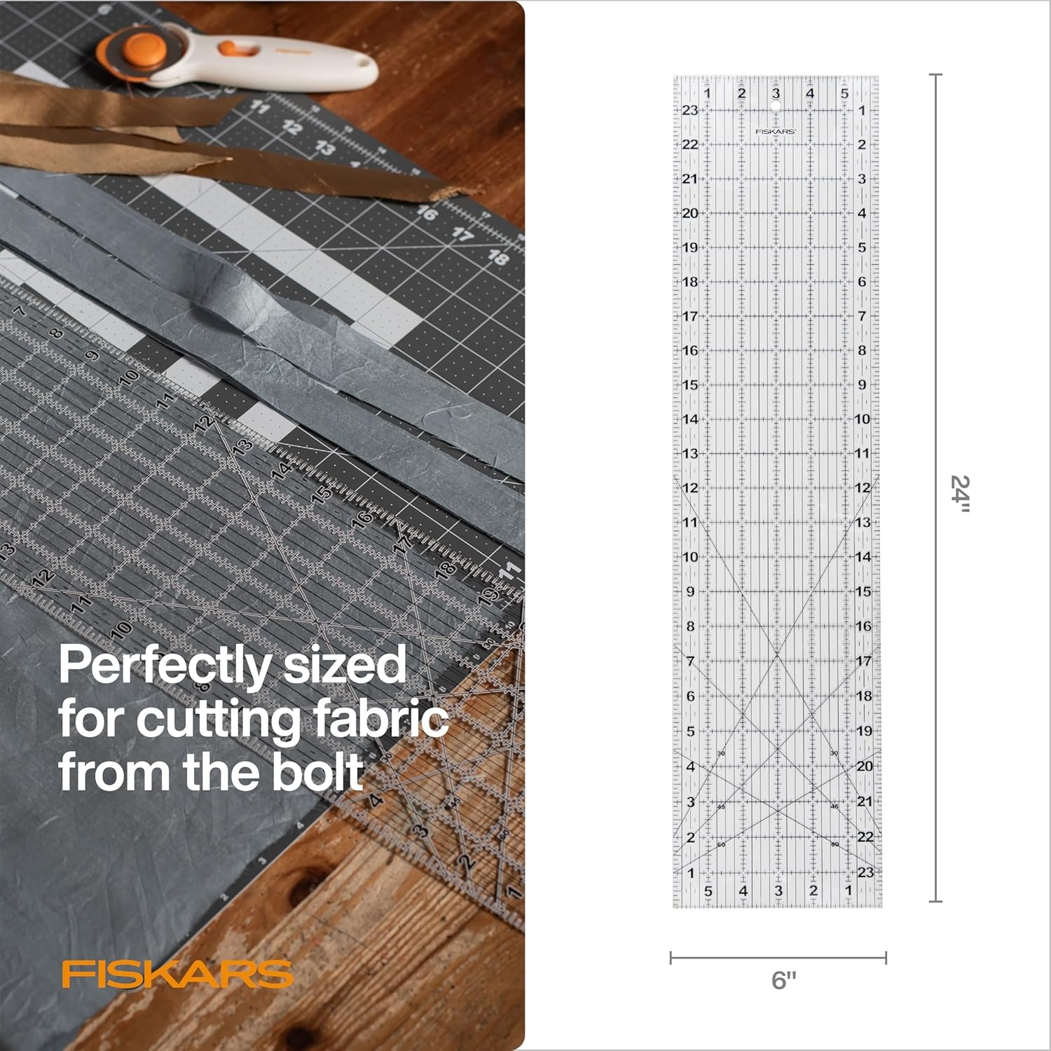 Fiskars 3-Piece Ruler & Connector Set, 6.5″x6.5″ and 6.5″x24.5″ Rulers, Precision Measuring Tool for Arts & Crafts, Easy Alignment & Cutting(6″ x 24″)