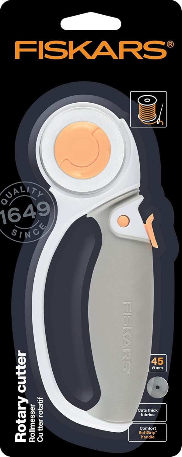 Fiskars Classic 45mm Loop Rotary Cutter for Fabric and Paper – 45mm – Rotary Cutter for Sewing, Arts and Crafts with Comfort Handle – Grey and Orange [packing may slightly vary]