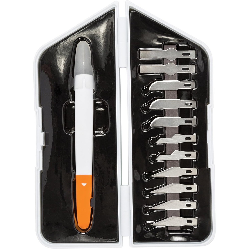 Fiskars Easy Change Medium Duty Precision Craft Knife Cutting and Carving Set, Softgrip and Ideal for Precise Cutting, Includes 12 blades, Orange/White(Cutting & Carving Set)