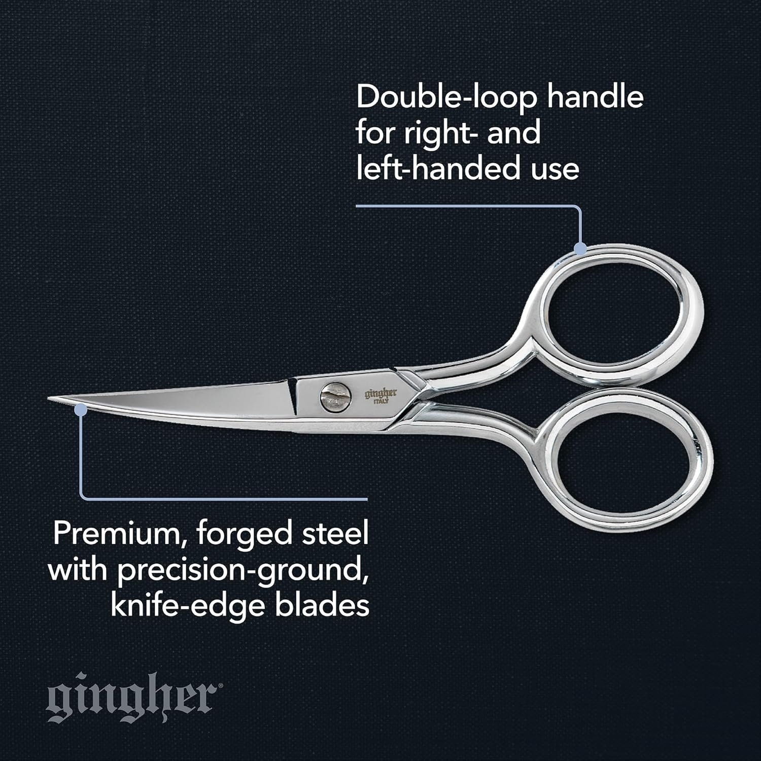 Gingher 4″ Embroidery Scissors, Precision Craft Scissors, Hand-Tuned Blades & Double Loop Handle, Chrome Plated Nickel Finish(4″ Curved Scissors)