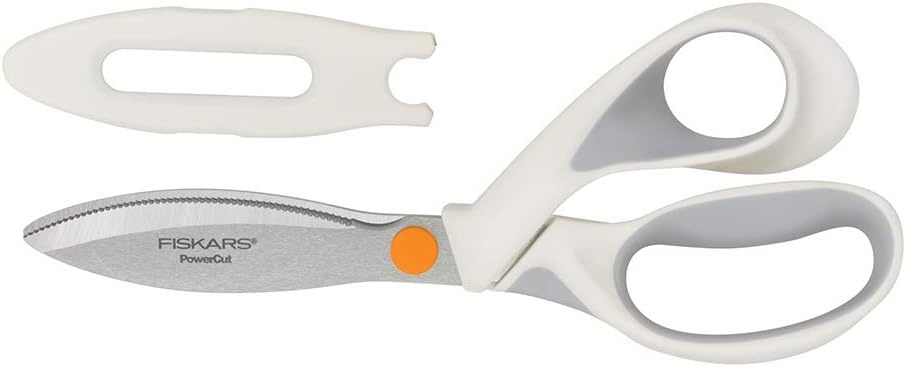 Fiskars SoftGrip PowerCut Fabric and Mixed Media Scissors – 8″ Heavy Duty Scissors for Fabric, Cardboard, Cork, Decorative Metal and Foam Cutting with Serrated Blade Edge – White
