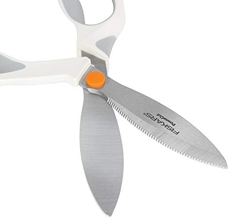 Fiskars SoftGrip PowerCut Fabric and Mixed Media Scissors – 8″ Heavy Duty Scissors for Fabric, Cardboard, Cork, Decorative Metal and Foam Cutting with Serrated Blade Edge – White