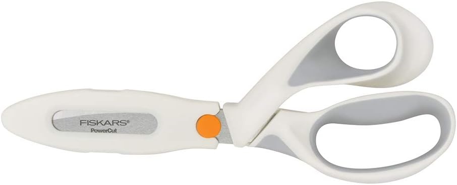 Fiskars SoftGrip PowerCut Fabric and Mixed Media Scissors – 8″ Heavy Duty Scissors for Fabric, Cardboard, Cork, Decorative Metal and Foam Cutting with Serrated Blade Edge – White