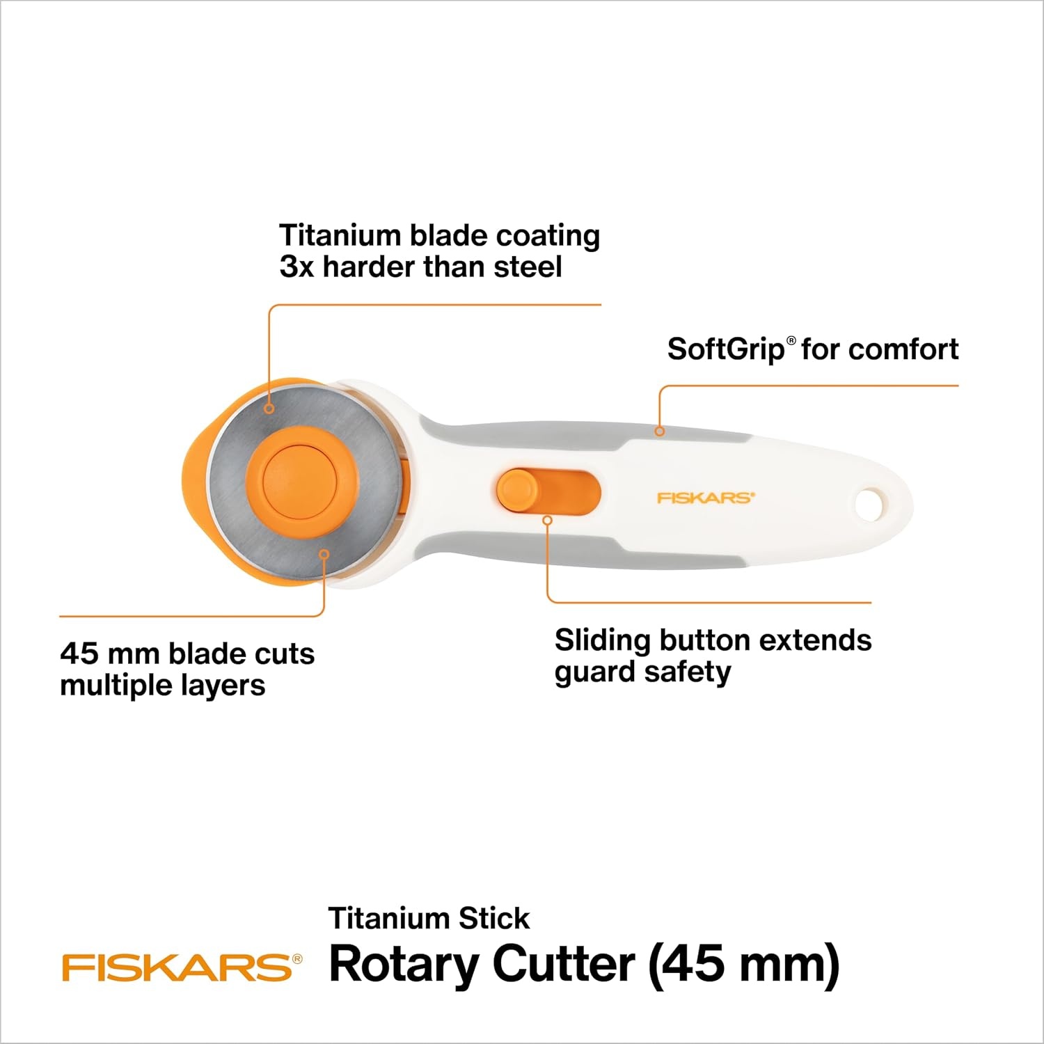 Fiskars 45mm Curved Stick Titanium Rotary Cutter for Fabric & Sewing(Softgrip Stick)