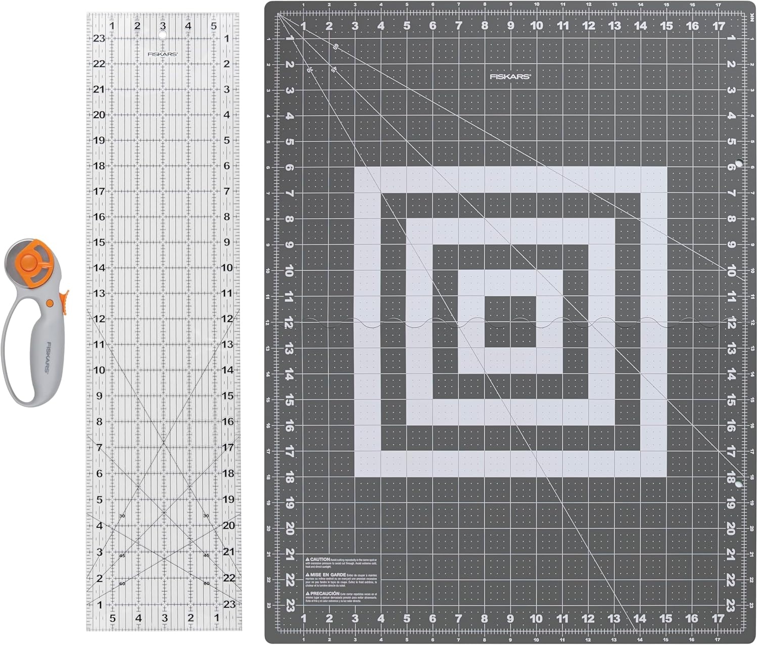 Fiskars Loop Set, Rotary Cutter with 45mm Steel Blade, Sewing Ruler for Precise Measures, Folding Cutting Mat for All Fabric Cutting Needs, Grey