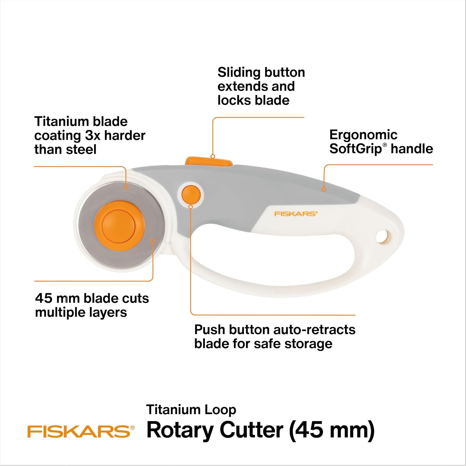 Fiskars 45mm Curved Stick Titanium Rotary Cutter for Fabric & Sewing(Softgrip)