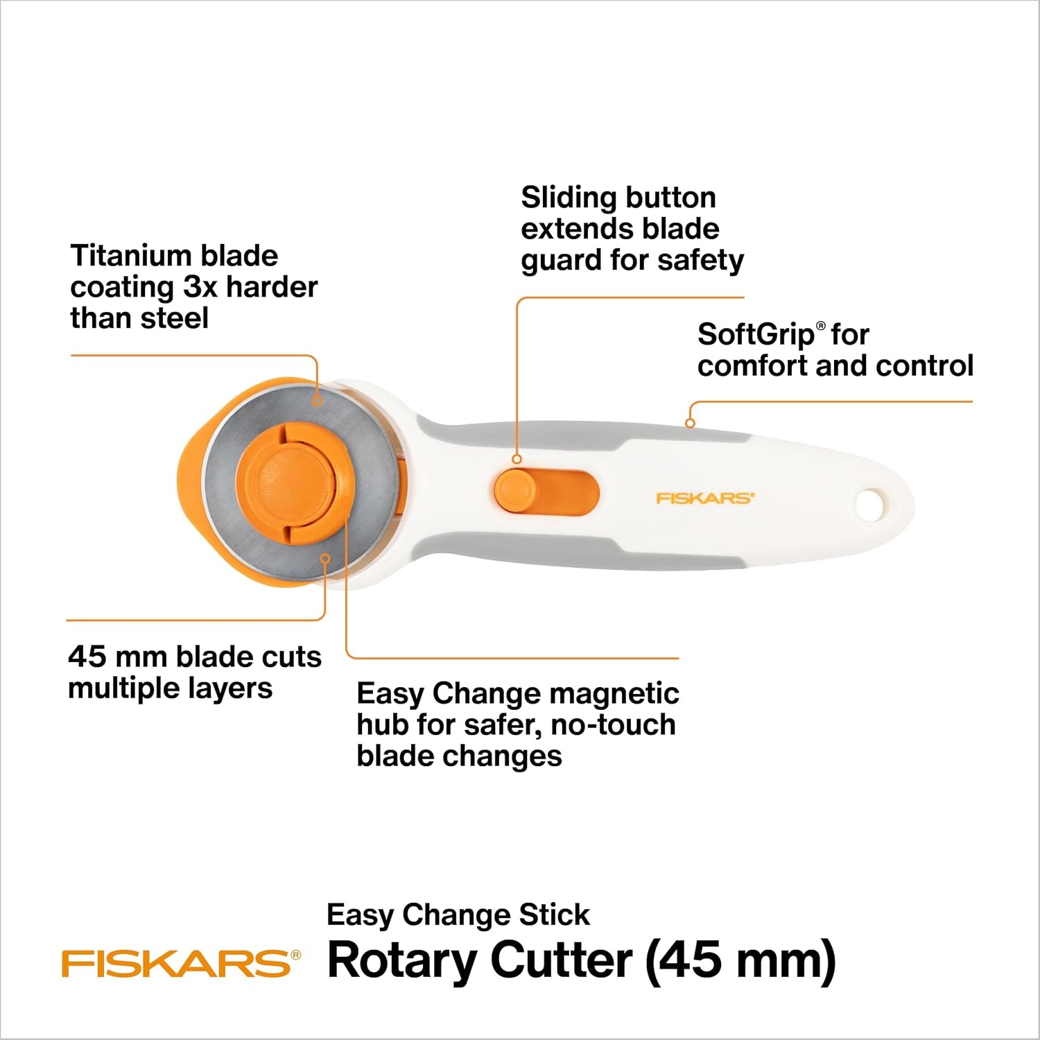 Fiskars 45mm Curved Stick Titanium Rotary Cutter for Fabric & Sewing(Stick)