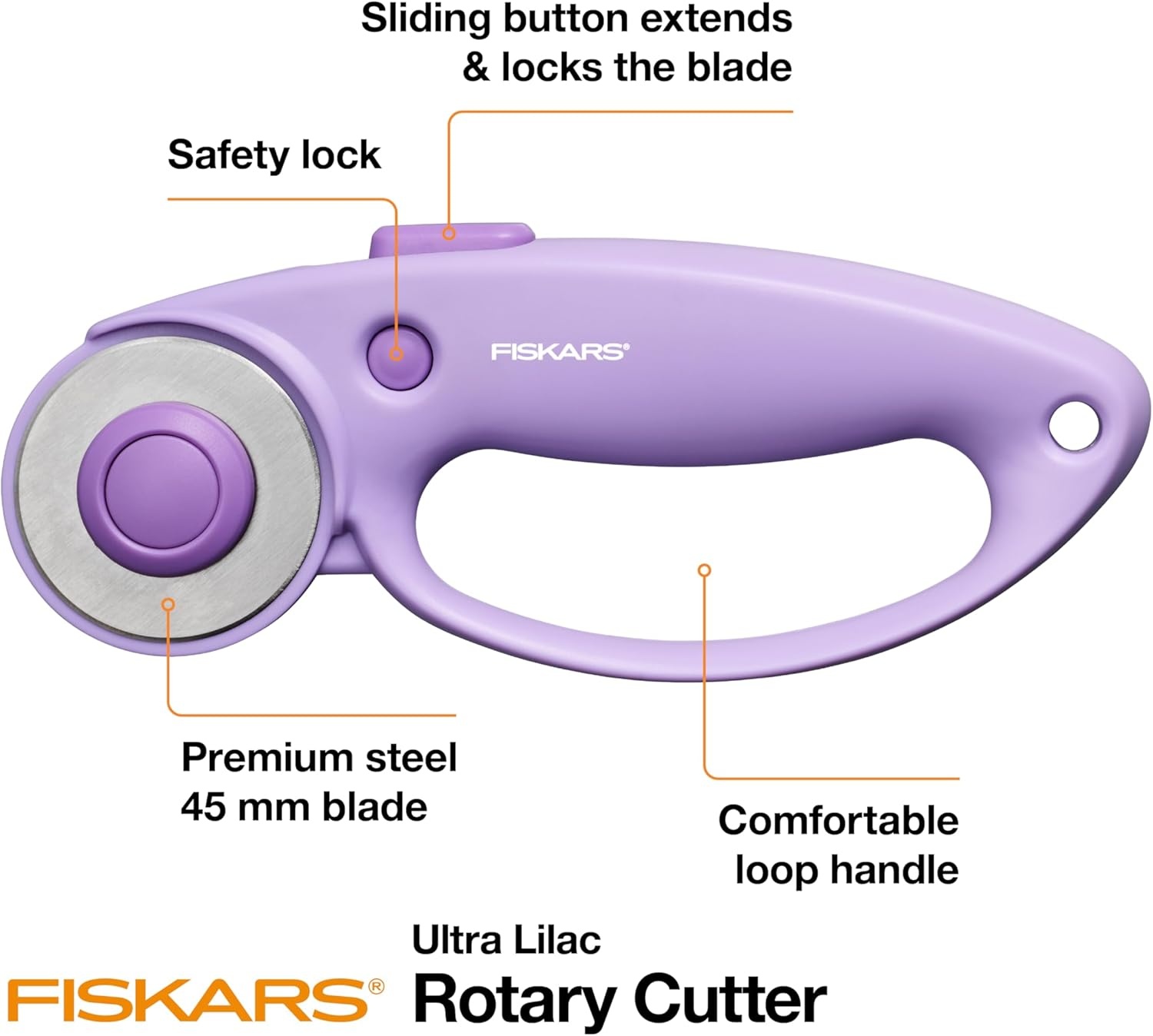 Fiskars Loop Rotary Cutter, Explore Collection Ultra Lilac, Precision-Ground Steel Blade for Fabric, Felt and Vinyl, 45mm(Lilac)