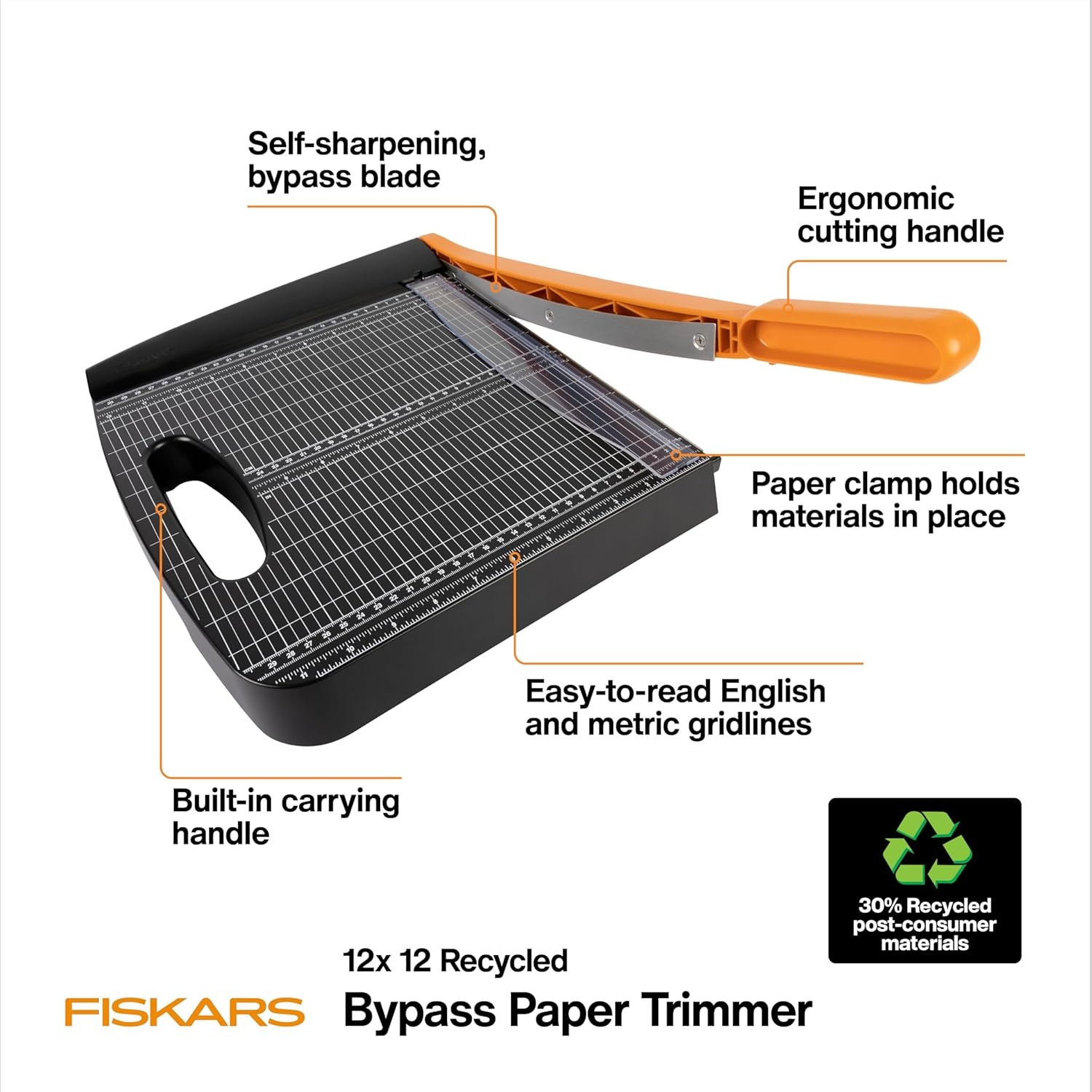 Fiskars Recycled Bypass Guillotine Paper Cutter, 12″ Cut Length, Self-Sharpening, Paper Trimmer for Crafting and Scrapbooking, Arts and Crafts Supplies, Photo Cutter with 30% Recycled Materials