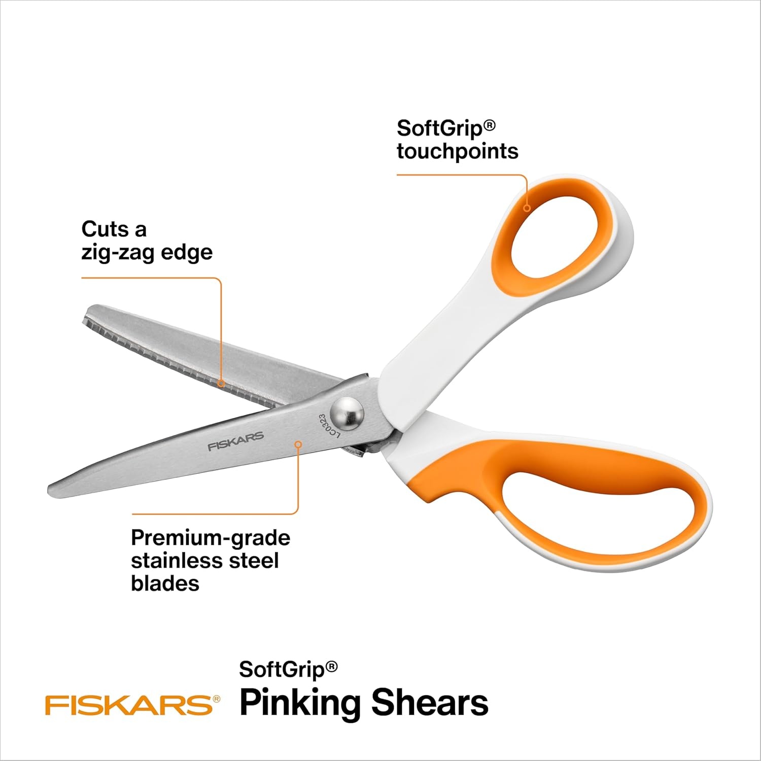 Fiskars Pinking Shears, Gifts for Mom, Fabric Scissors with Ergonomic Handle,Zig Zag Edge and Stainless Steel Blades, Orange/White(Soft Grip)