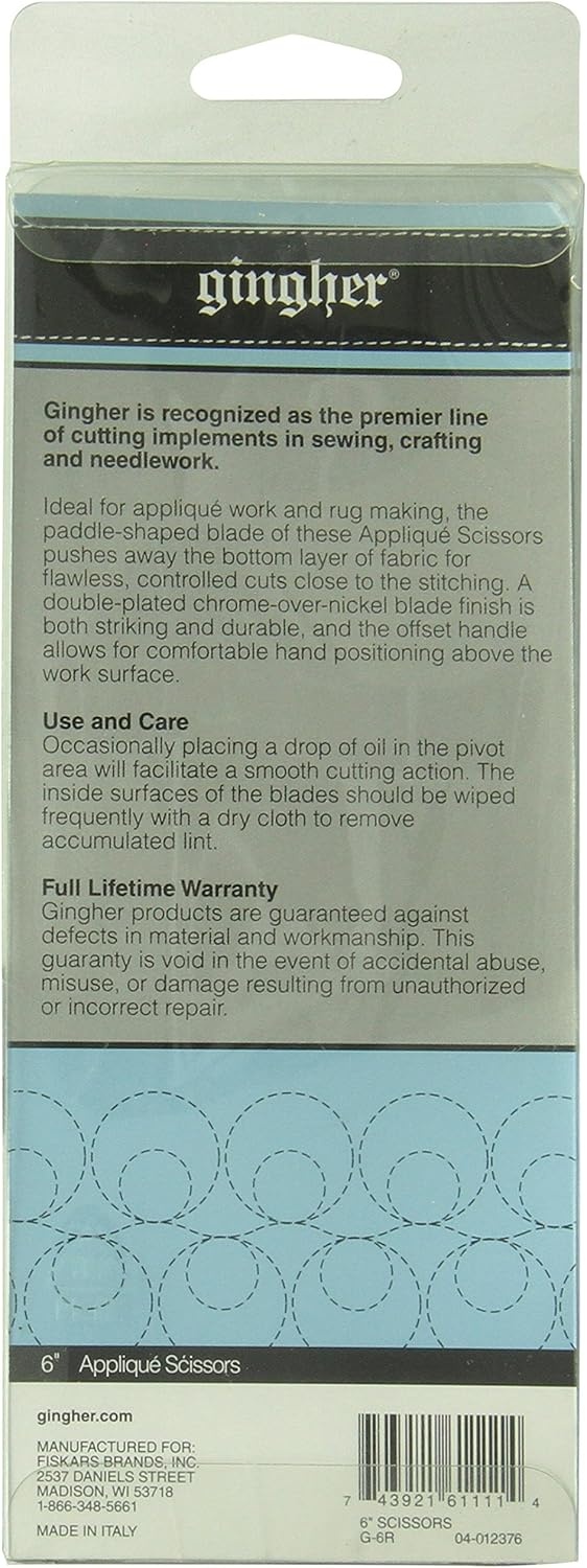 Gingher Applique Scissors – 6″ Paddle-Shaped Scissors for Needlework and Rug Making – Silver(Silver)