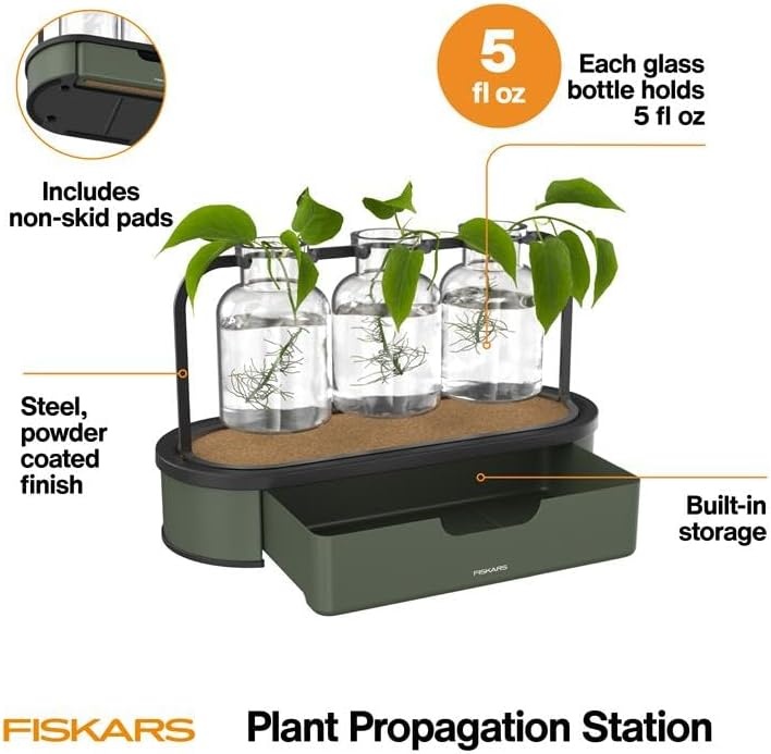 Fiskars Plant Propagation Station, Glass Test Tube Vases for Rooting Cuttings w/Metal Rack & Storage Drawer, Hydroponic System for Indoor Gardening Decor, Straight Sided Flutes for Easy Root Removal