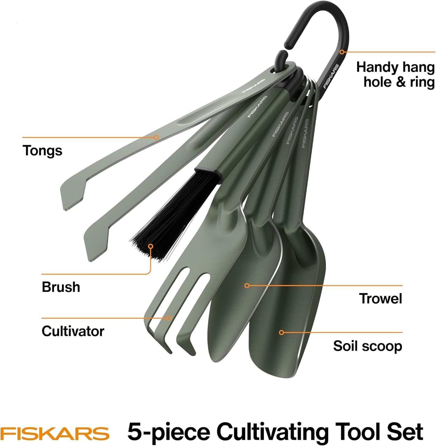 Fiskars 5-Piece Plant Cultivating Tool Set, Nesting Trowel, Soil Scoop, Cultivator, Tongs & Brush for Indoor Gardening, Stainless Steel w/Green Powder Coat Finish, Space Saving Design for Houseplants(5-Piece Set)