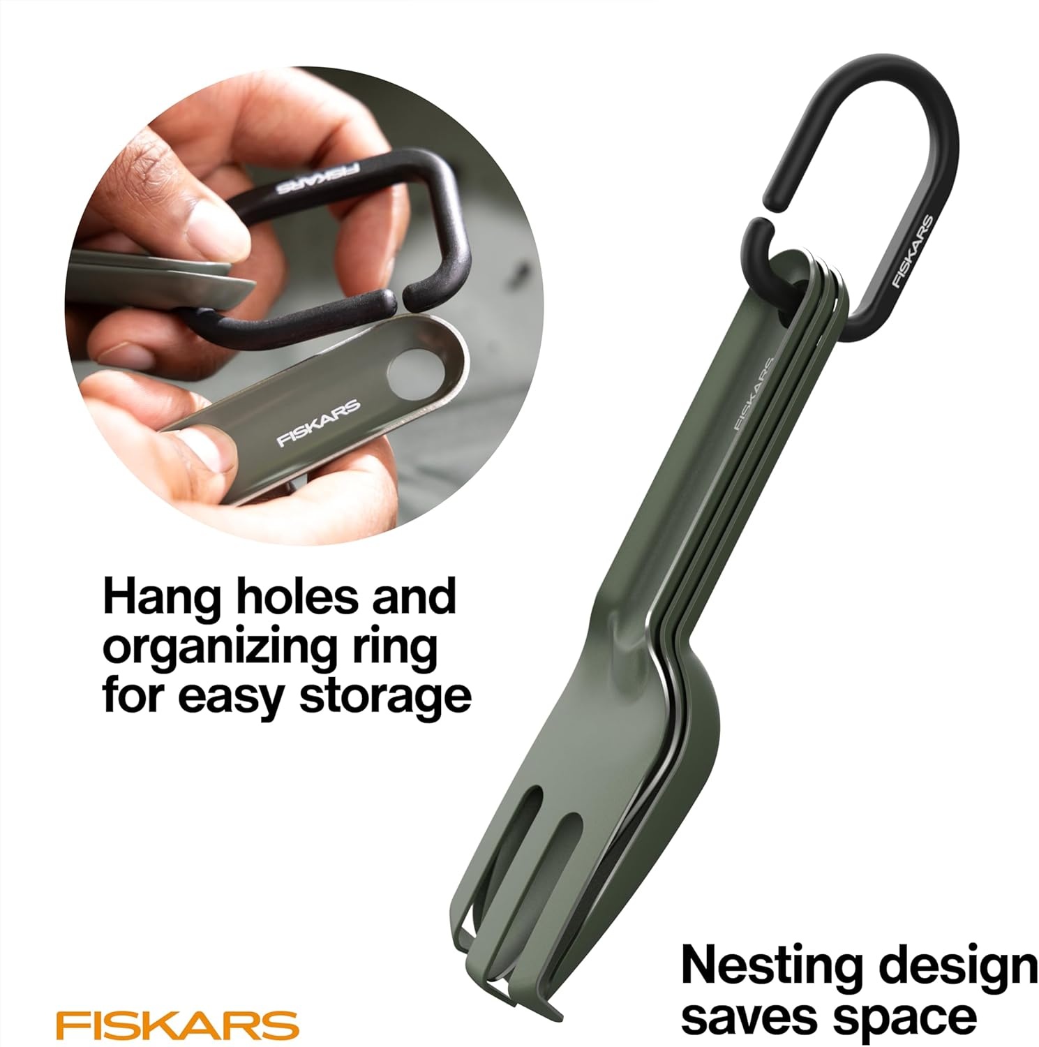 Fiskars 5-Piece Plant Cultivating Tool Set, Nesting Trowel, Soil Scoop, Cultivator, Tongs & Brush for Indoor Gardening, Stainless Steel w/Green Powder Coat Finish, Space Saving Design for Houseplants(5-Piece Set)