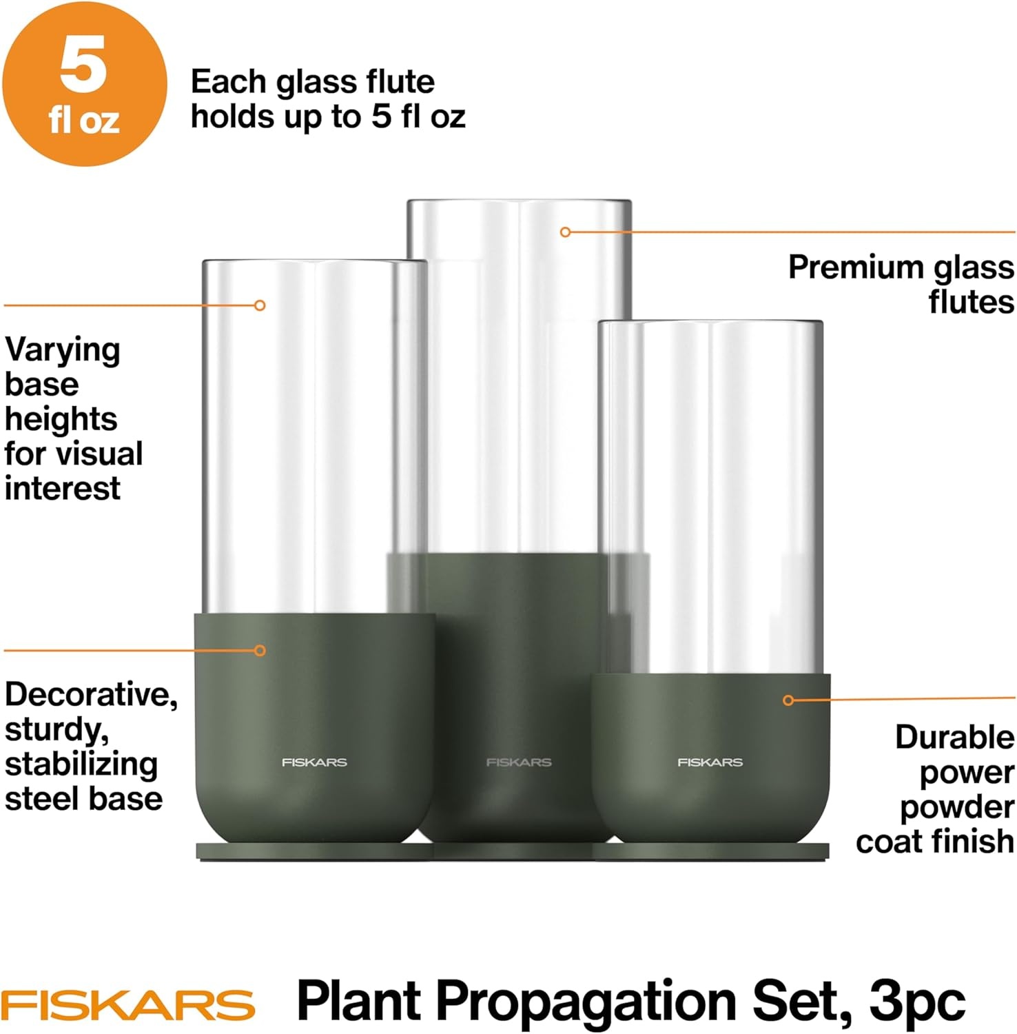 Fiskars Plant Propagator, Single Glass Vase with Metal Stand for Rooting Cuttings, Hydroponic System for Indoor Gardening Decor, Straight Sided Flute for Safe Root Removal, 5 oz, Clear(3-Pack  5 oz Vases)