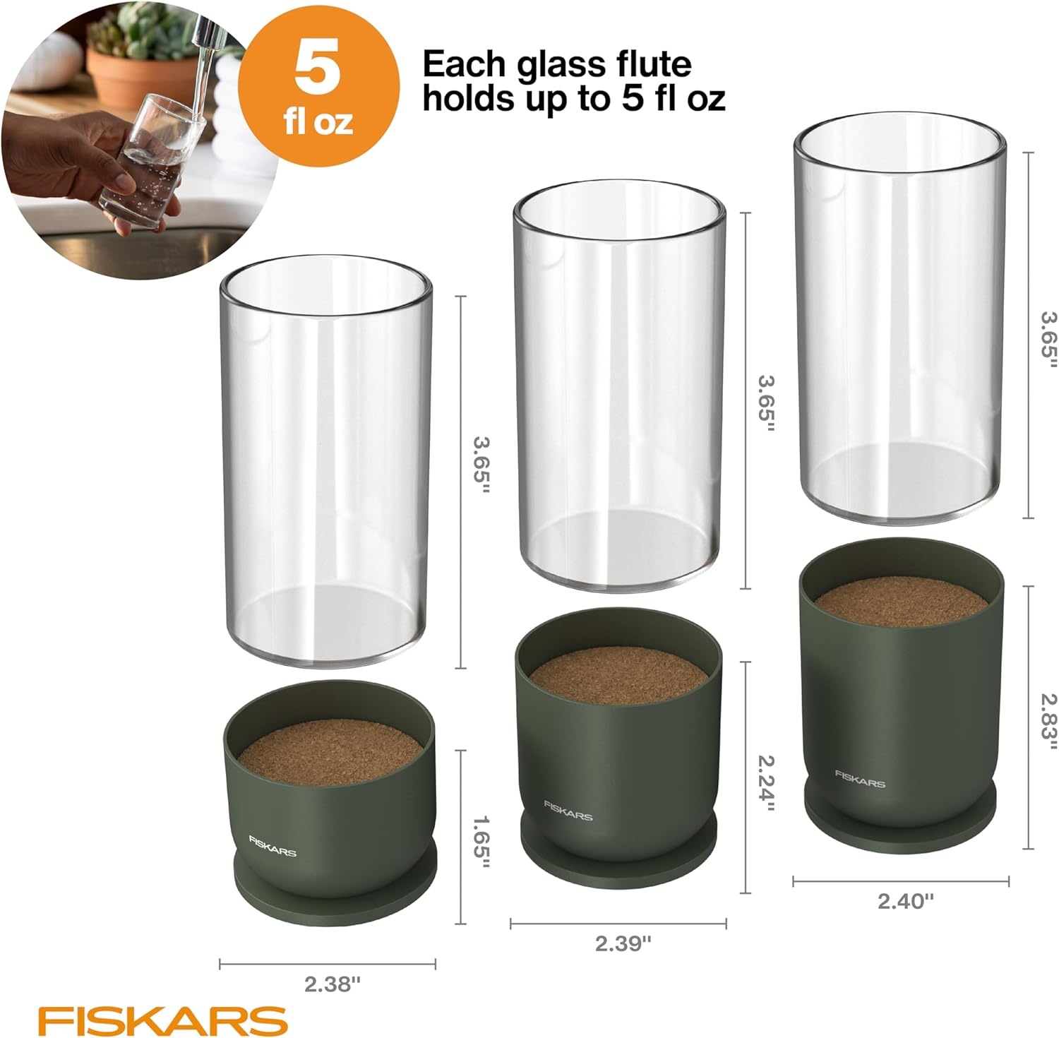 Fiskars Plant Propagator, Single Glass Vase with Metal Stand for Rooting Cuttings, Hydroponic System for Indoor Gardening Decor, Straight Sided Flute for Safe Root Removal, 5 oz, Clear(3-Pack  5 oz Vases)