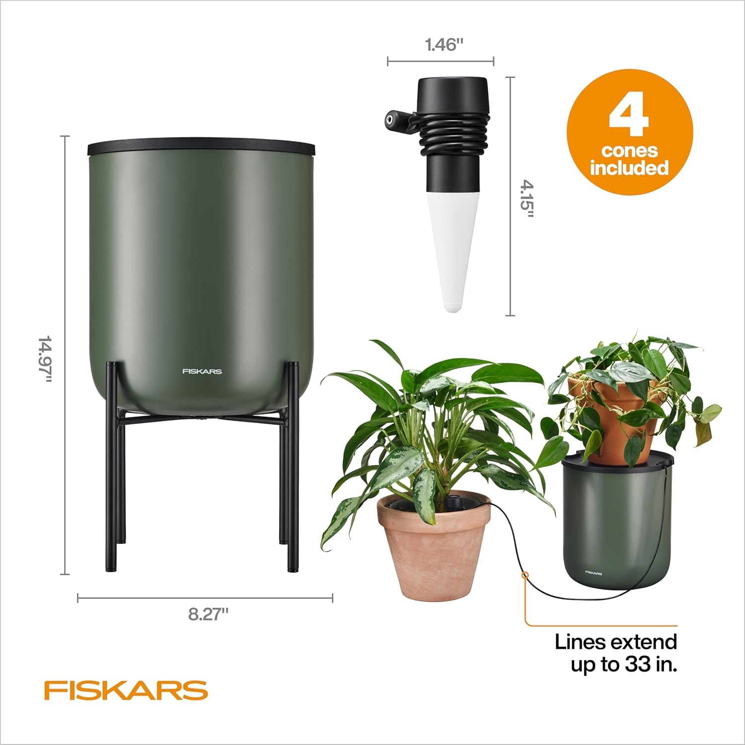 Fiskars LifeWell Watering System for Houseplants, Self-Watering Indoor Plant Stand with Siphon Action, Waters Up to 6 Plants, 33″ Reach(Watering Vessel)