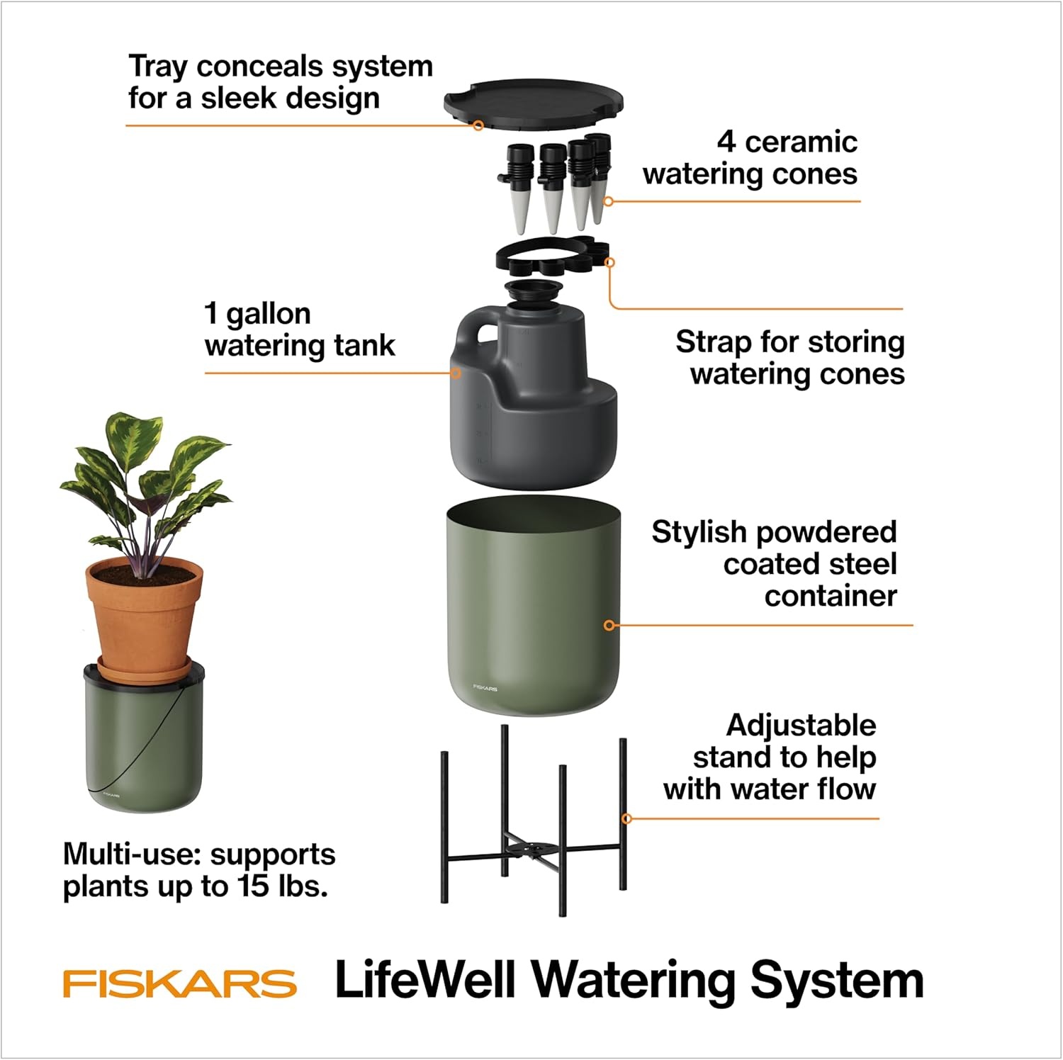 Fiskars LifeWell Watering System for Houseplants, Self-Watering Indoor Plant Stand with Siphon Action, Waters Up to 6 Plants, 33″ Reach(Watering Vessel)