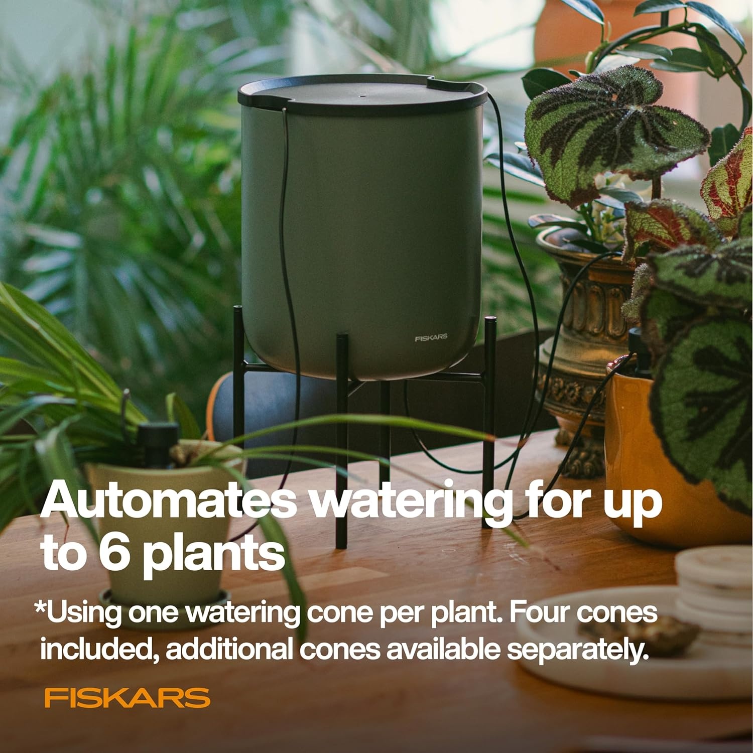 Fiskars LifeWell Watering System for Houseplants, Self-Watering Indoor Plant Stand with Siphon Action, Waters Up to 6 Plants, 33″ Reach(Watering Vessel)