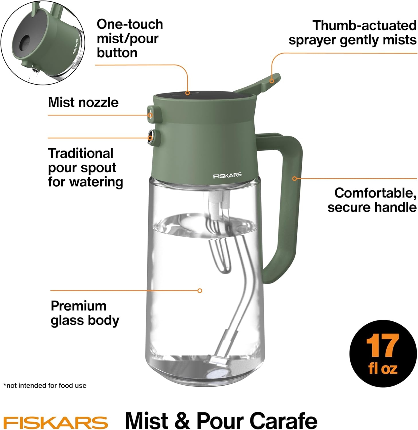 Fiskars Glass Watering Can for Indoor Plants, Small Pitcher for Succulents & Herbs, Easy Fill Top Design and Mess Free Pouring with Narrow Spout for House Plants, Modern Decor Style, 17 oz, Clear(Mist/Pour Combo)