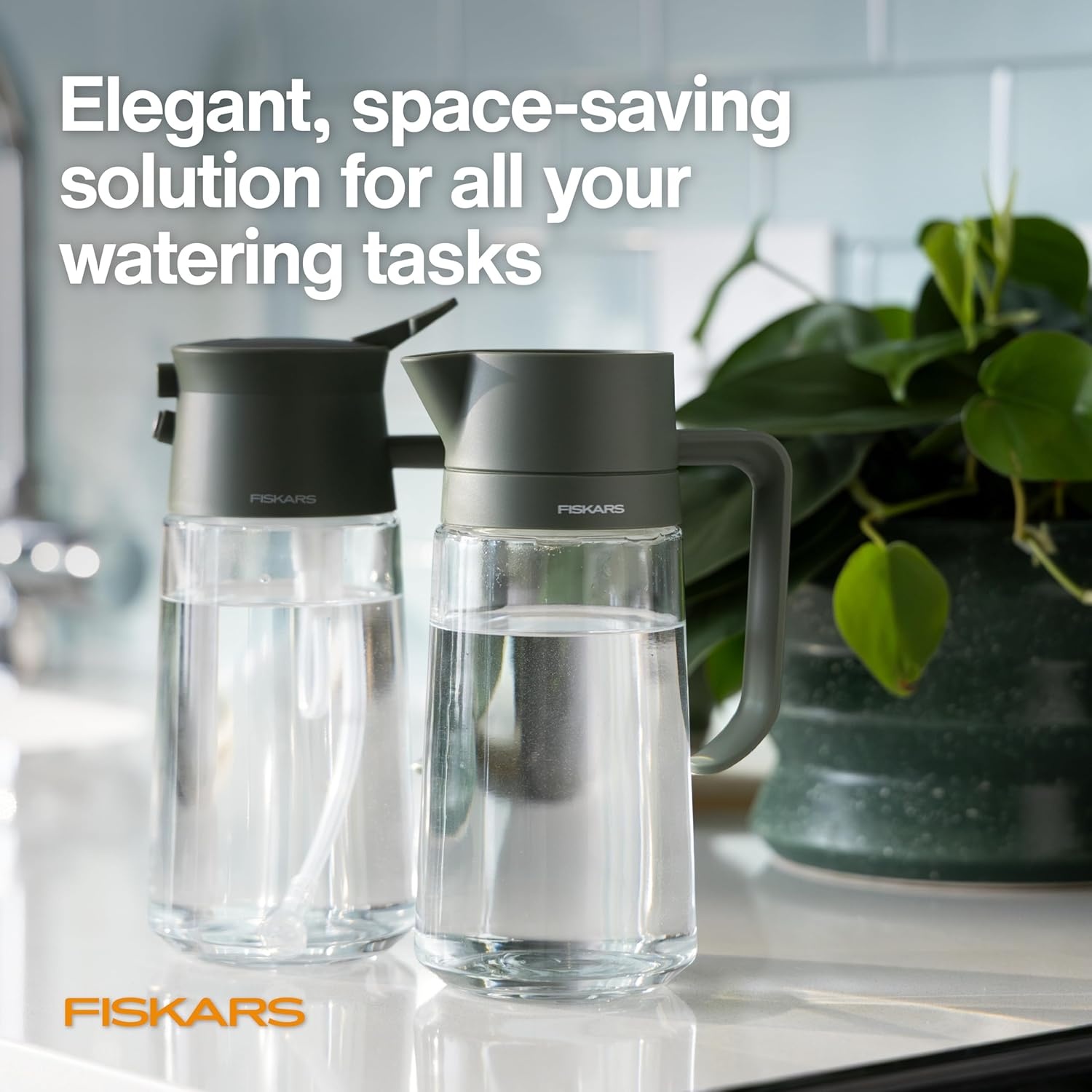 Fiskars Glass Watering Can for Indoor Plants, Small Pitcher for Succulents & Herbs, Easy Fill Top Design and Mess Free Pouring with Narrow Spout for House Plants, Modern Decor Style, 17 oz, Clear(Mist/Pour Combo)