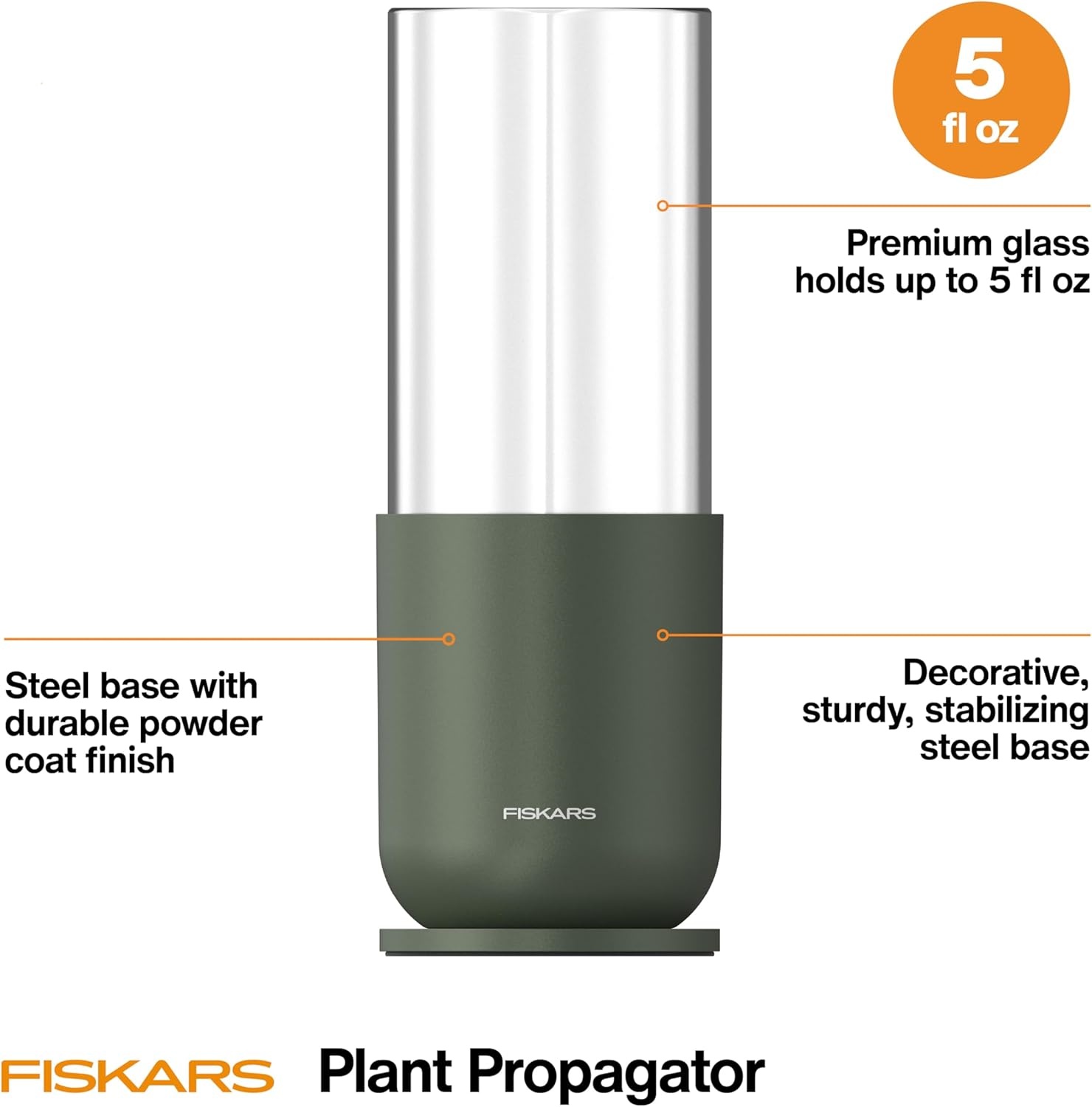 Fiskars Plant Propagator, Single Glass Vase with Metal Stand for Rooting Cuttings, Hydroponic System for Indoor Gardening Decor, Straight Sided Flute for Safe Root Removal, 5 oz, Clear(1-Pack  5 oz Vase)