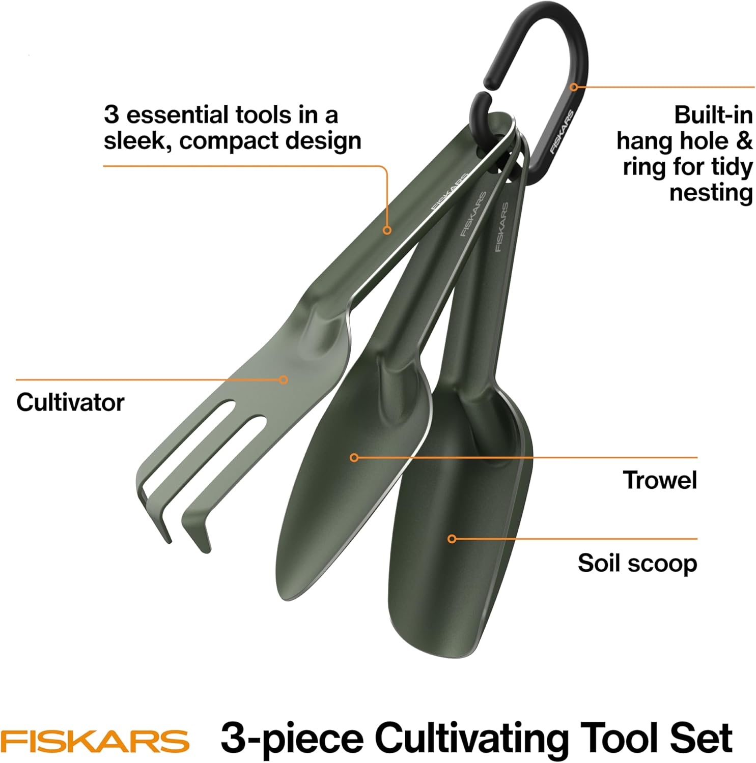 Fiskars 5-Piece Plant Cultivating Tool Set, Nesting Trowel, Soil Scoop, Cultivator, Tongs & Brush for Indoor Gardening, Stainless Steel w/Green Powder Coat Finish, Space Saving Design for Houseplants(3-Piece Set)