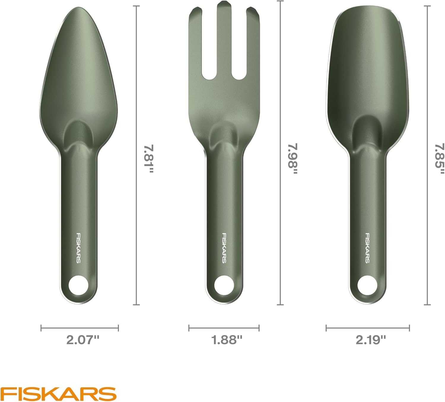 Fiskars 5-Piece Plant Cultivating Tool Set, Nesting Trowel, Soil Scoop, Cultivator, Tongs & Brush for Indoor Gardening, Stainless Steel w/Green Powder Coat Finish, Space Saving Design for Houseplants(3-Piece Set)