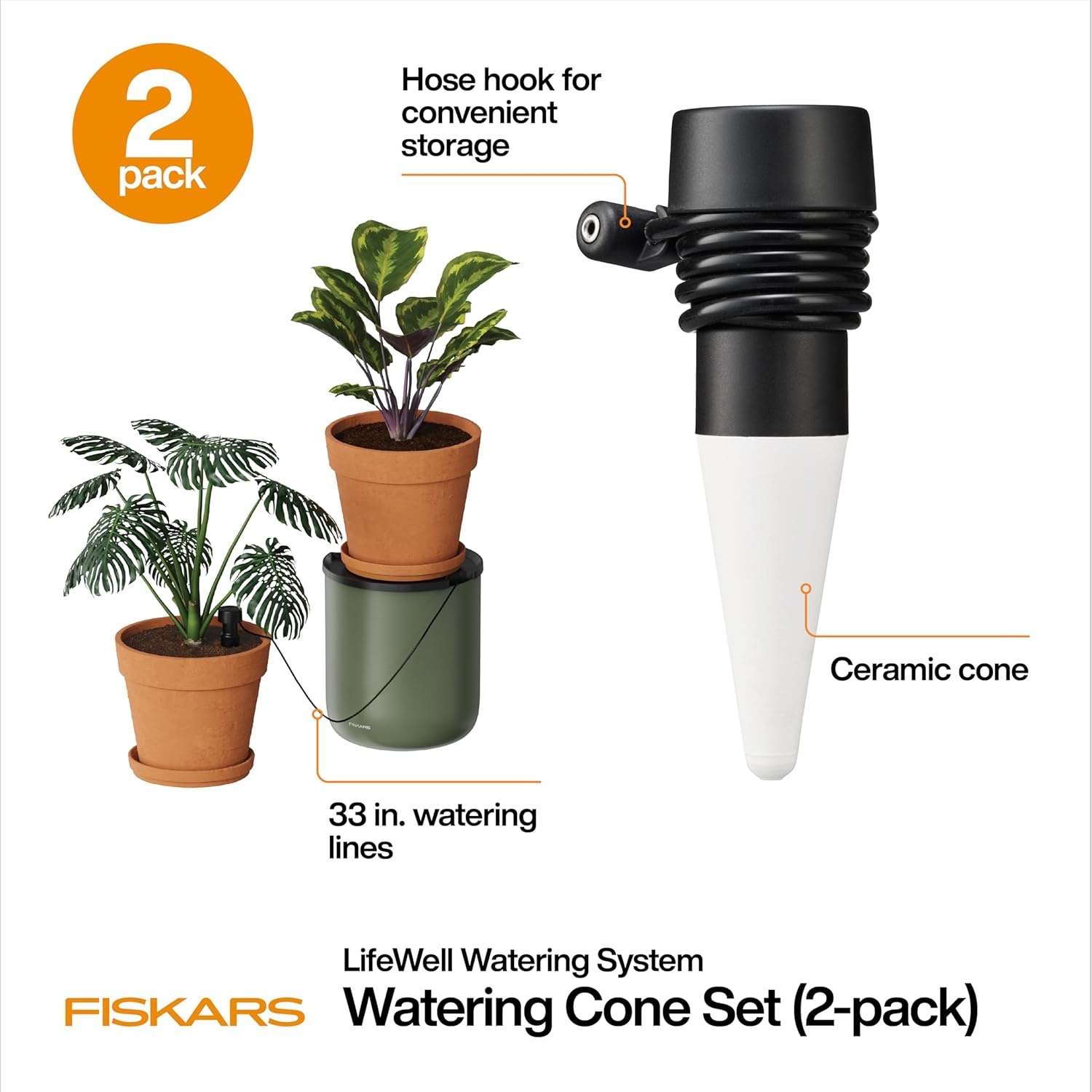 Fiskars LifeWell Watering System for Houseplants, Self-Watering Indoor Plant Stand with Siphon Action, Waters Up to 6 Plants, 33″ Reach(Cone Expansion (2-Pack))
