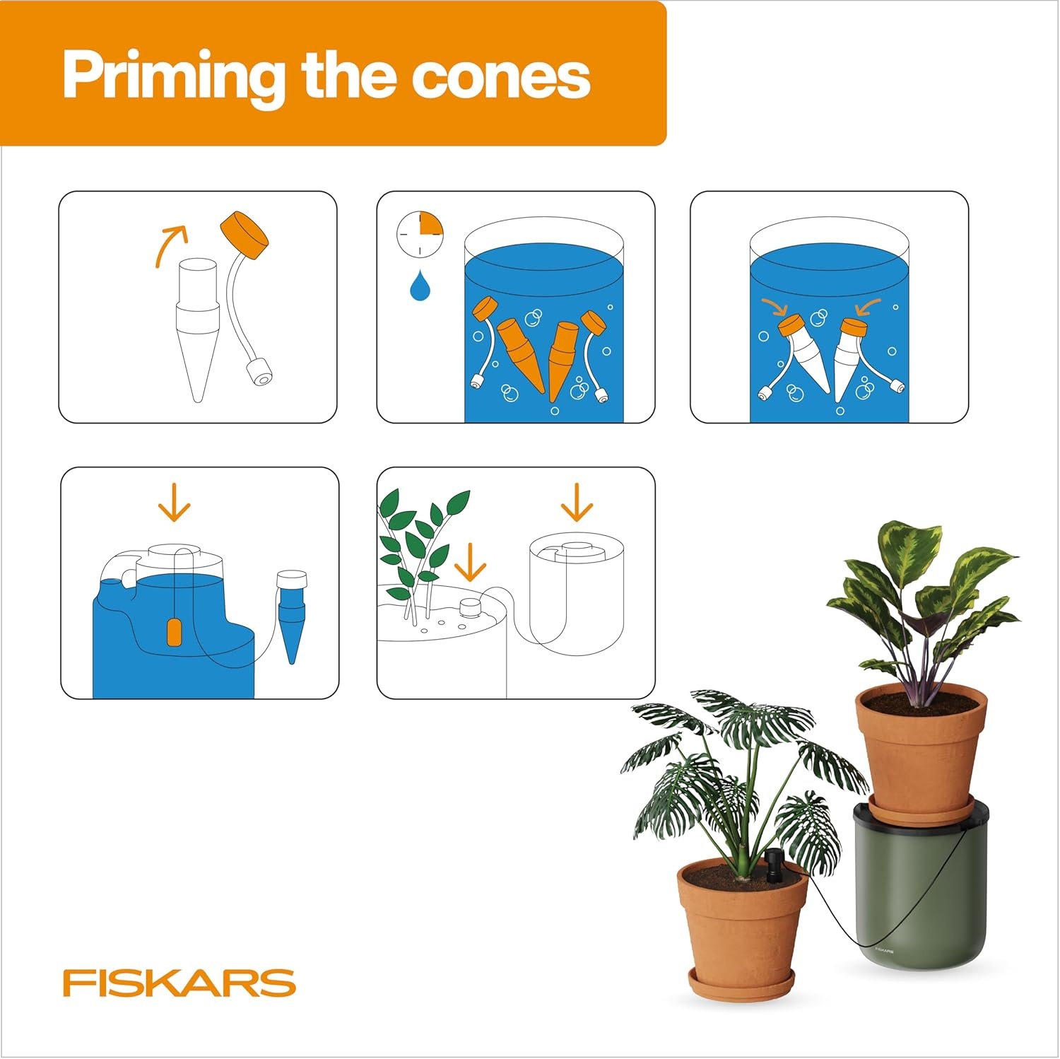Fiskars LifeWell Watering System for Houseplants, Self-Watering Indoor Plant Stand with Siphon Action, Waters Up to 6 Plants, 33″ Reach(Cone Expansion (2-Pack))