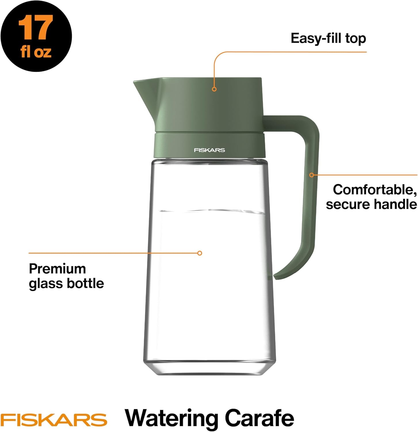 Fiskars Glass Watering Can for Indoor Plants, Small Pitcher for Succulents & Herbs, Easy Fill Top Design and Mess Free Pouring with Narrow Spout for House Plants, Modern Decor Style, 17 oz, Clear(Carafe)