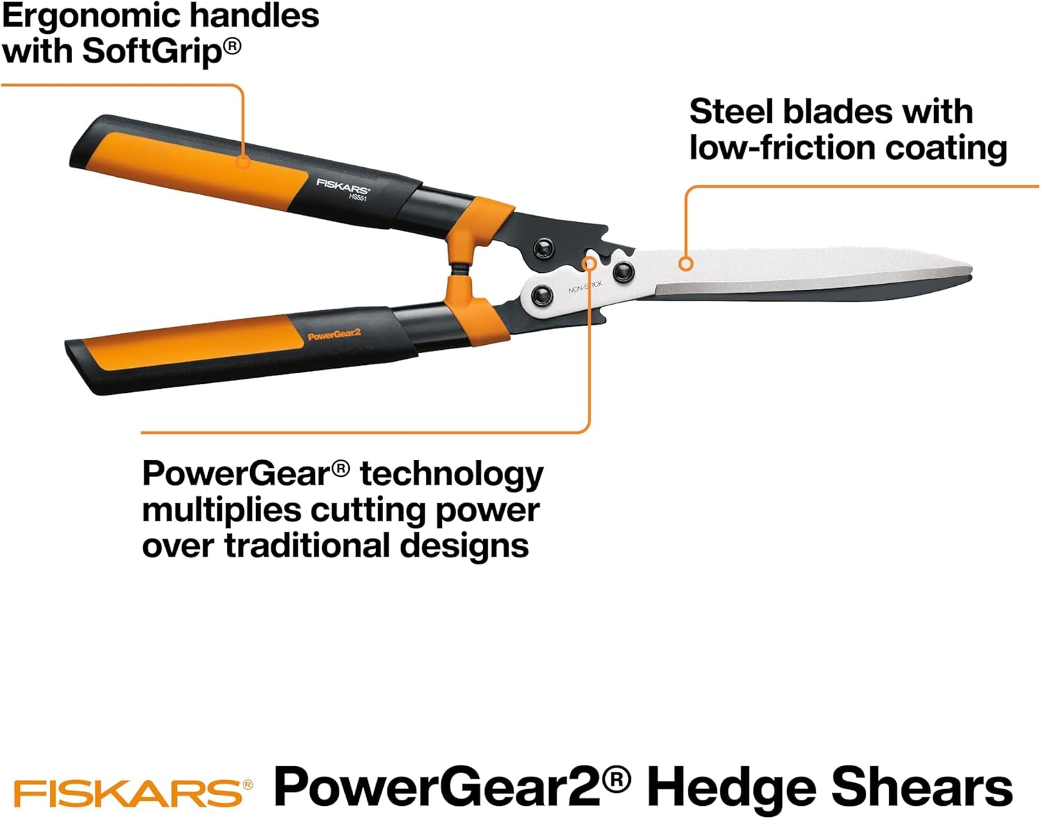 Fiskars DualAction Hedge Shears, 2-in-1 Fast Trimming & PowerCut Hedge Trimmer, Precision-Ground Steel Blades for Clean Cuts, Shock-Absorbing Bumpers & SoftGrip Handles for Comfort(PowerGear2 Shock Absorbing 23 in)