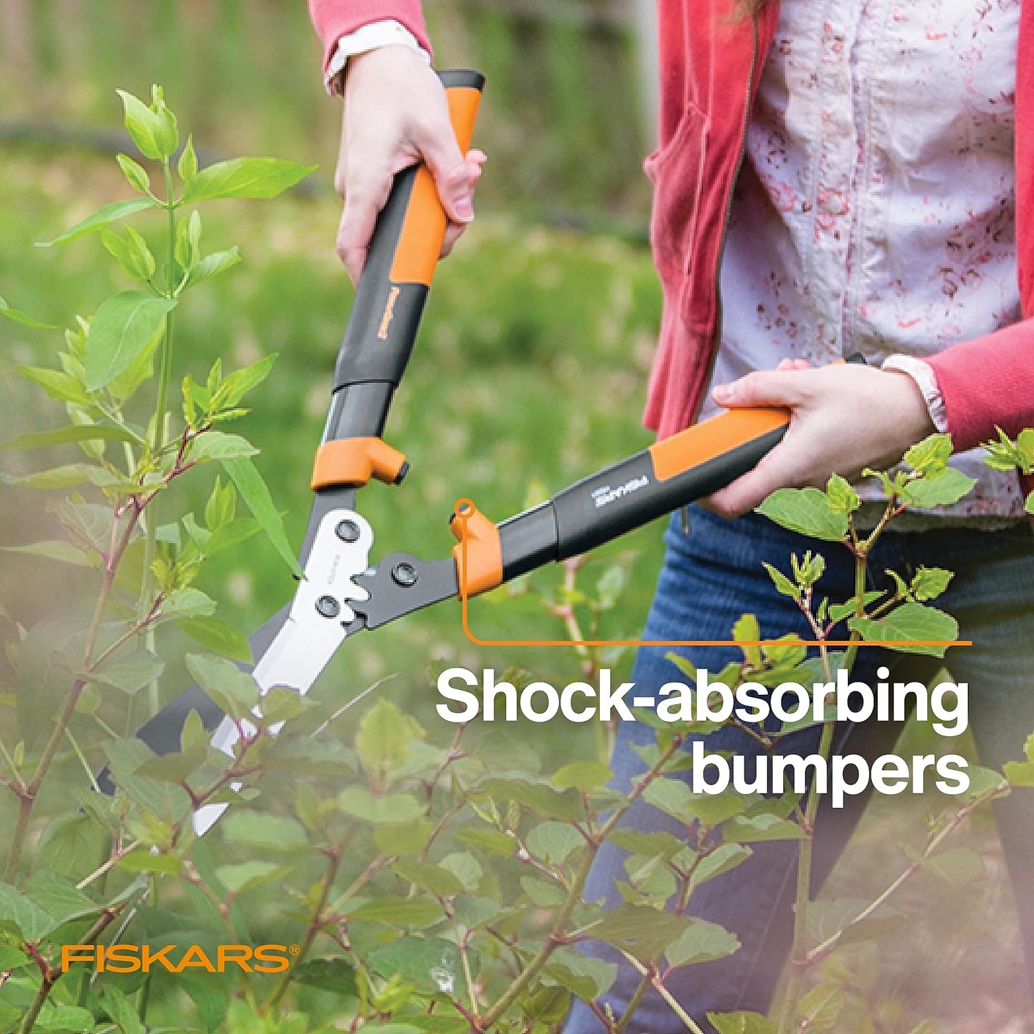 Fiskars DualAction Hedge Shears, 2-in-1 Fast Trimming & PowerCut Hedge Trimmer, Precision-Ground Steel Blades for Clean Cuts, Shock-Absorbing Bumpers & SoftGrip Handles for Comfort(PowerGear2 Shock Absorbing 23 in)