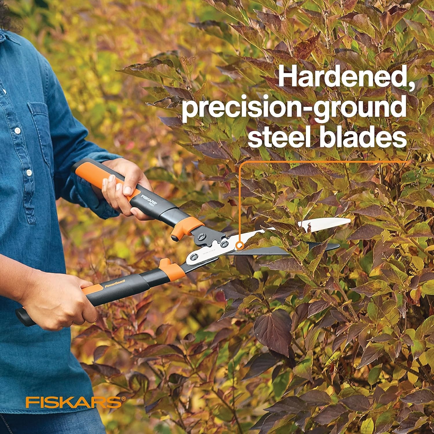 Fiskars DualAction Hedge Shears, 2-in-1 Fast Trimming & PowerCut Hedge Trimmer, Precision-Ground Steel Blades for Clean Cuts, Shock-Absorbing Bumpers & SoftGrip Handles for Comfort(PowerGear2 Shock Absorbing 23 in)