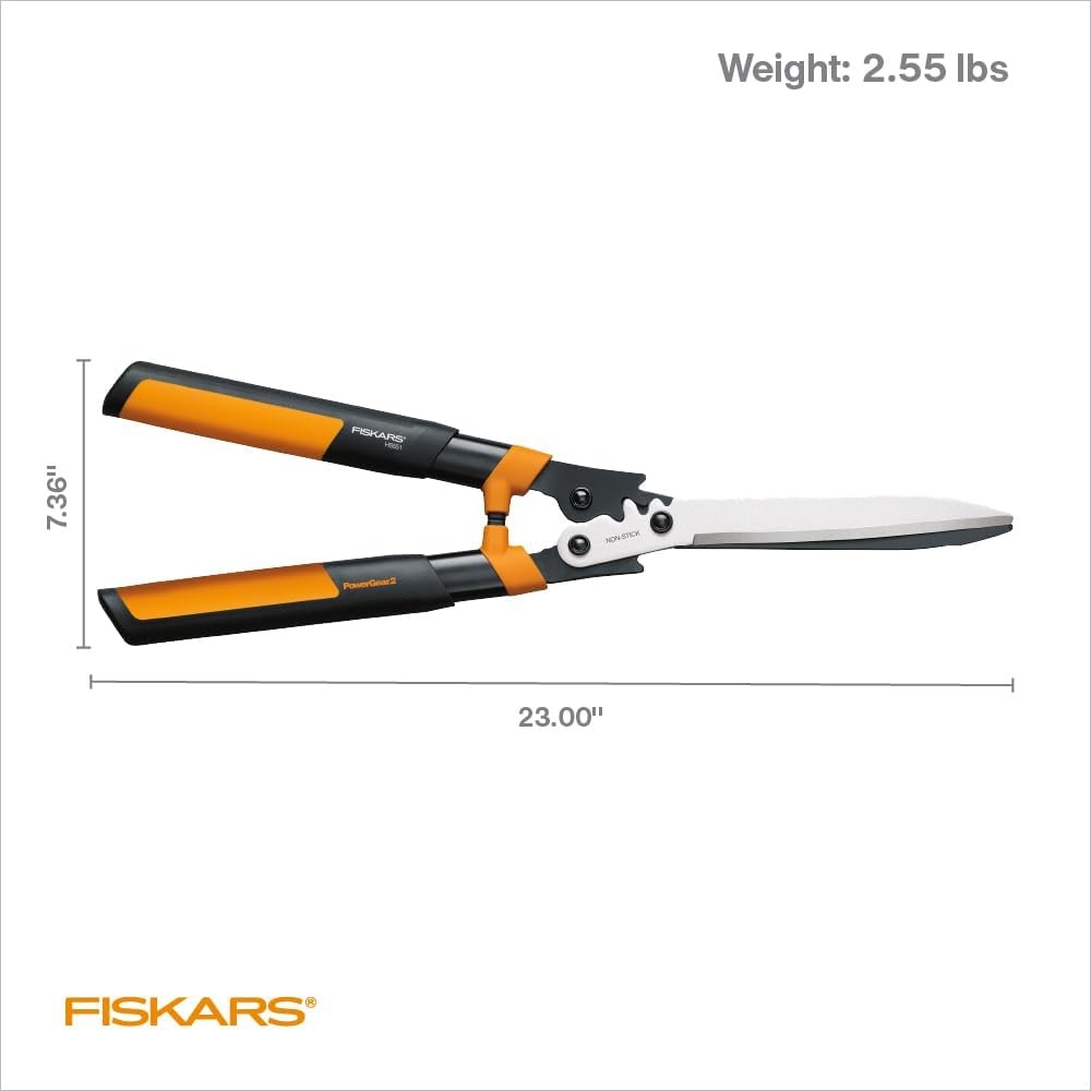 Fiskars DualAction Hedge Shears, 2-in-1 Fast Trimming & PowerCut Hedge Trimmer, Precision-Ground Steel Blades for Clean Cuts, Shock-Absorbing Bumpers & SoftGrip Handles for Comfort(PowerGear2 Shock Absorbing 23 in)