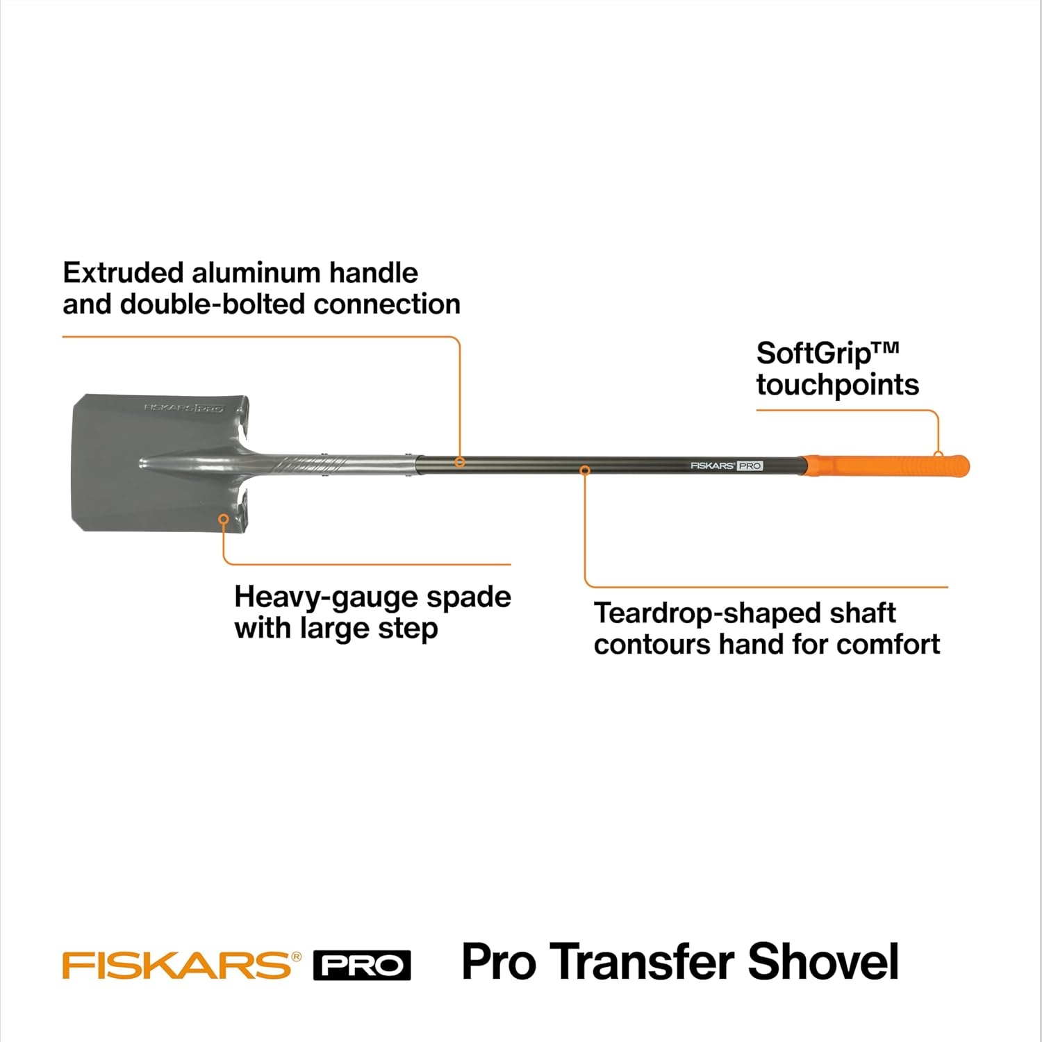 Fiskars Pro Transfer Shovel, Heavy Duty Garden Spade Shovel for Digging and Moving Materials, Extruded Aluminum Handle, 58 Inches