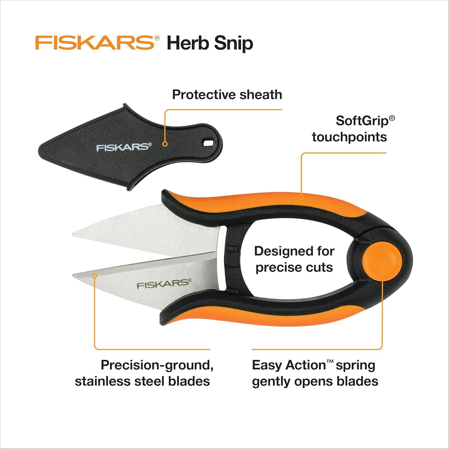Fiskars Herb Garden Scissors, 5″ Garden Shears, Handheld Herb Snips with Sheath and SoftGrip Handle, Dishwasher Safe