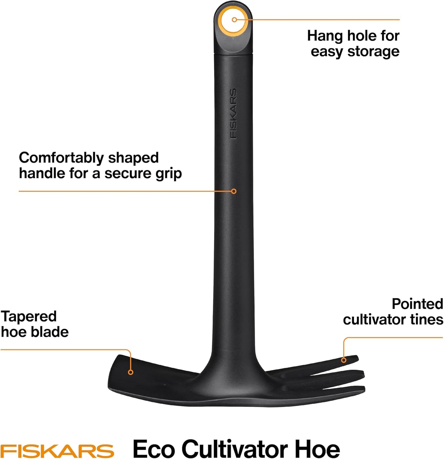 Fiskars Eco Cultivator Hoe with Dual-Function Design, Tapered Blade, Cultivator Tines, Ergonomic Handle, and UV-Resistant Build for Soil Care(Eco Cultivator Hoe)