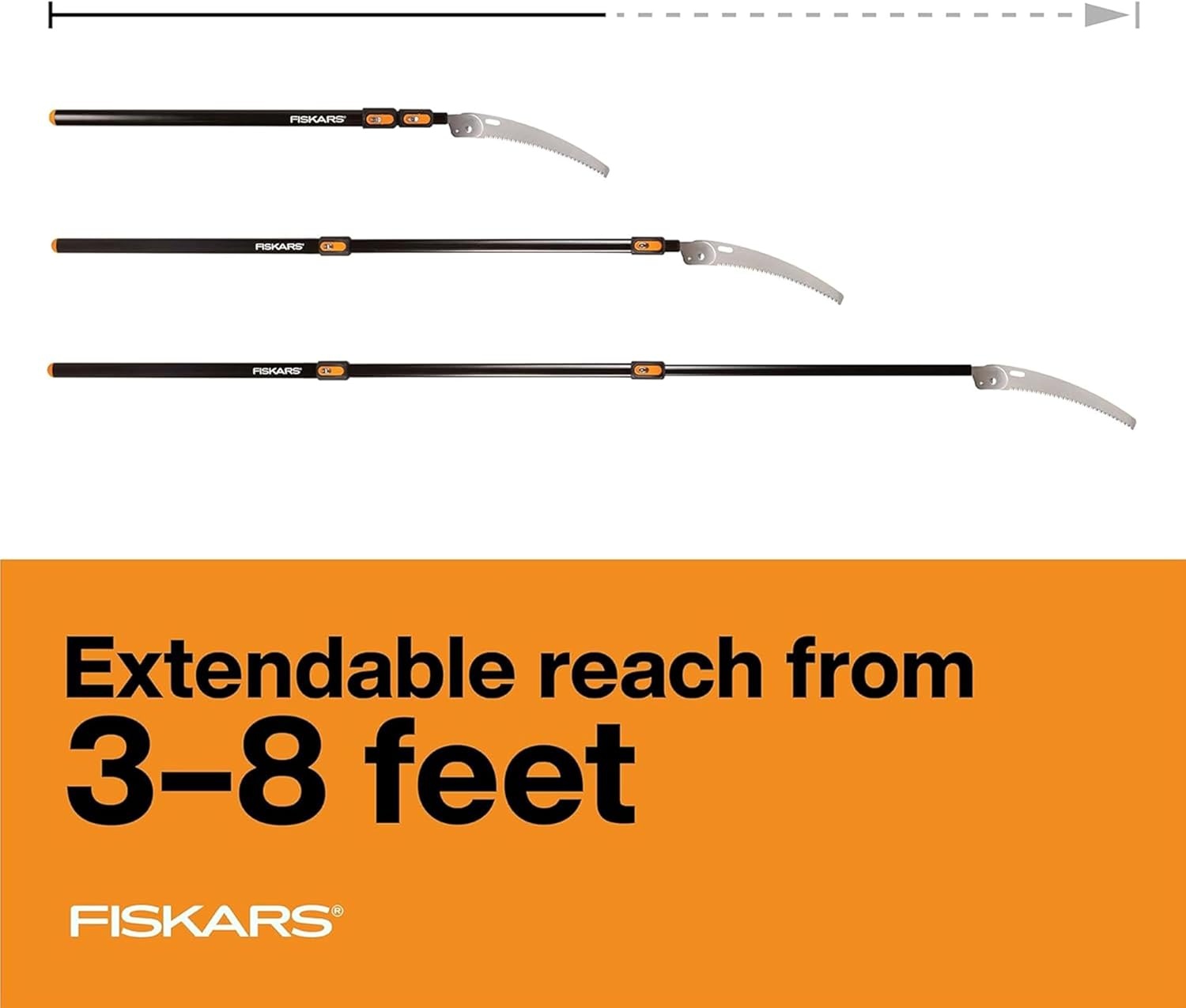 Fiskars 7ft-14ft Power-Lever Extendable Pole Saw and Tree Pruner, Lawn and Garden Tools, Black/Orange(3-8 ft Standard Saw)